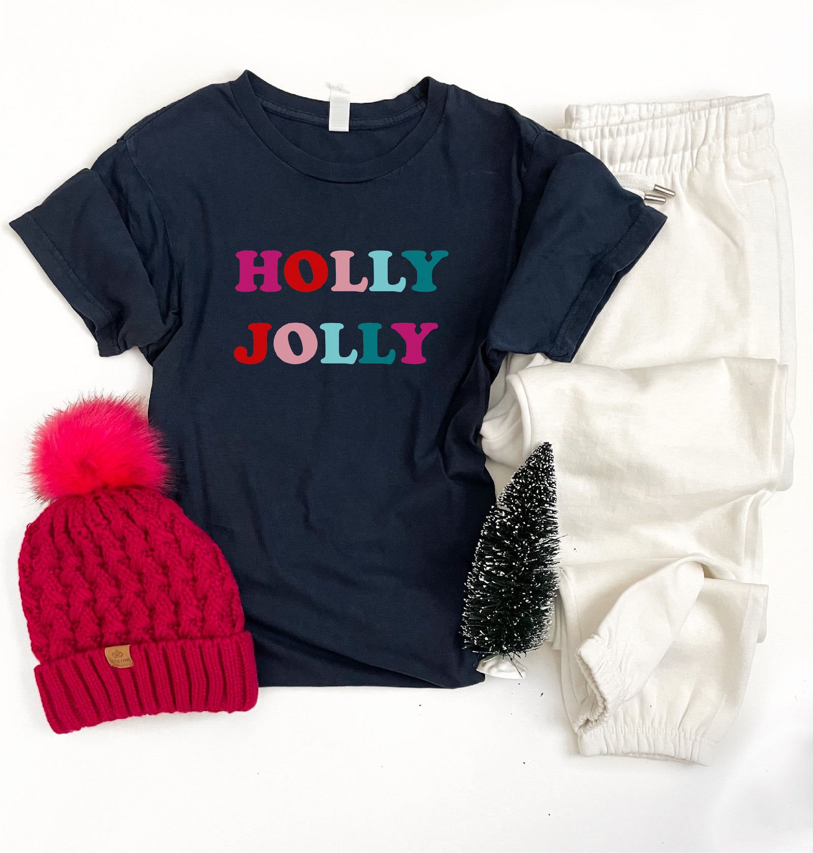 Holly jolly tee Short sleeve holiday tee Bella Canvas 3001 navy 