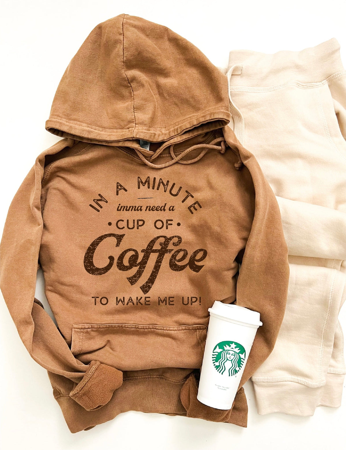 In a minute imma need a cup of coffee vintage wash hoodie Holiday French Terry raglan Lane seven vintage wash hoodie XS Vintage camel 