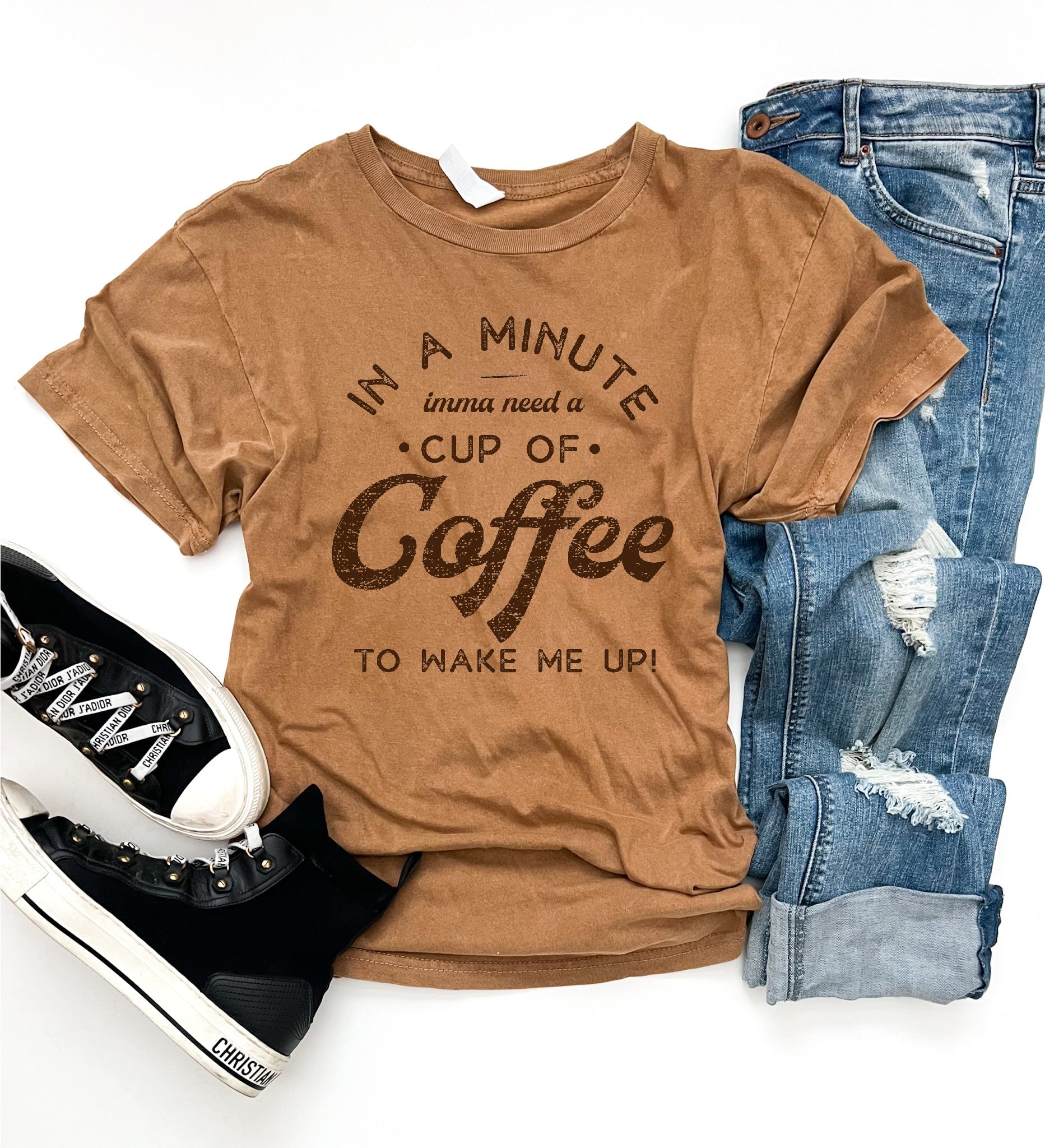 In a minute imma need a cup of coffee vintage wash tee Short sleeve miscellaneous tee Lane 7 15004 Camel 