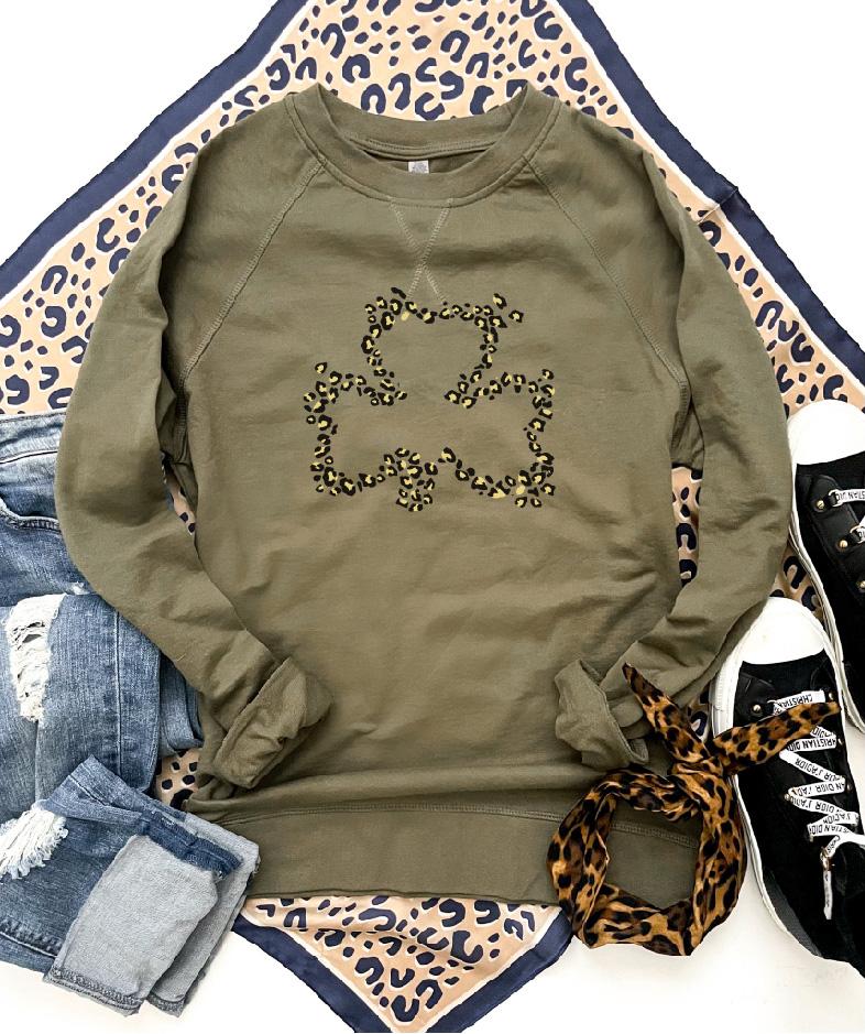Leopard clover french terry raglan Short sleeve St patty day tee Bella canvas 3001 Kelly Green/white 