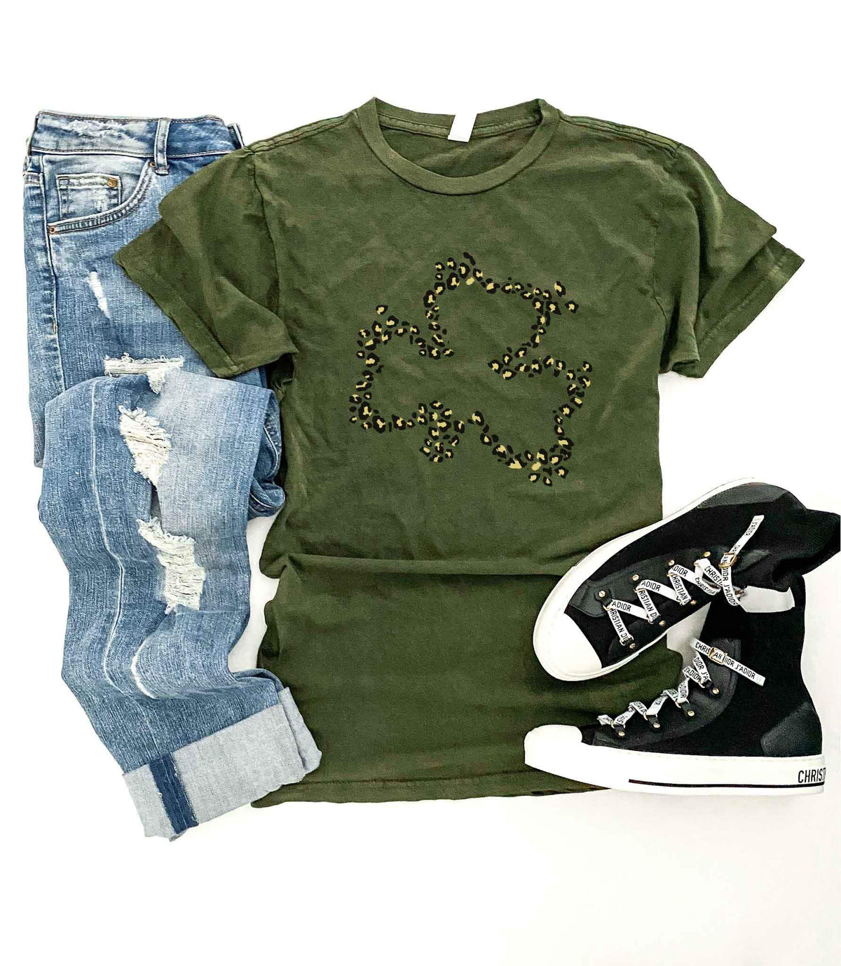Leopard clover vintage wash tee St Pattys Day tee Lane seven vintage olive tee 