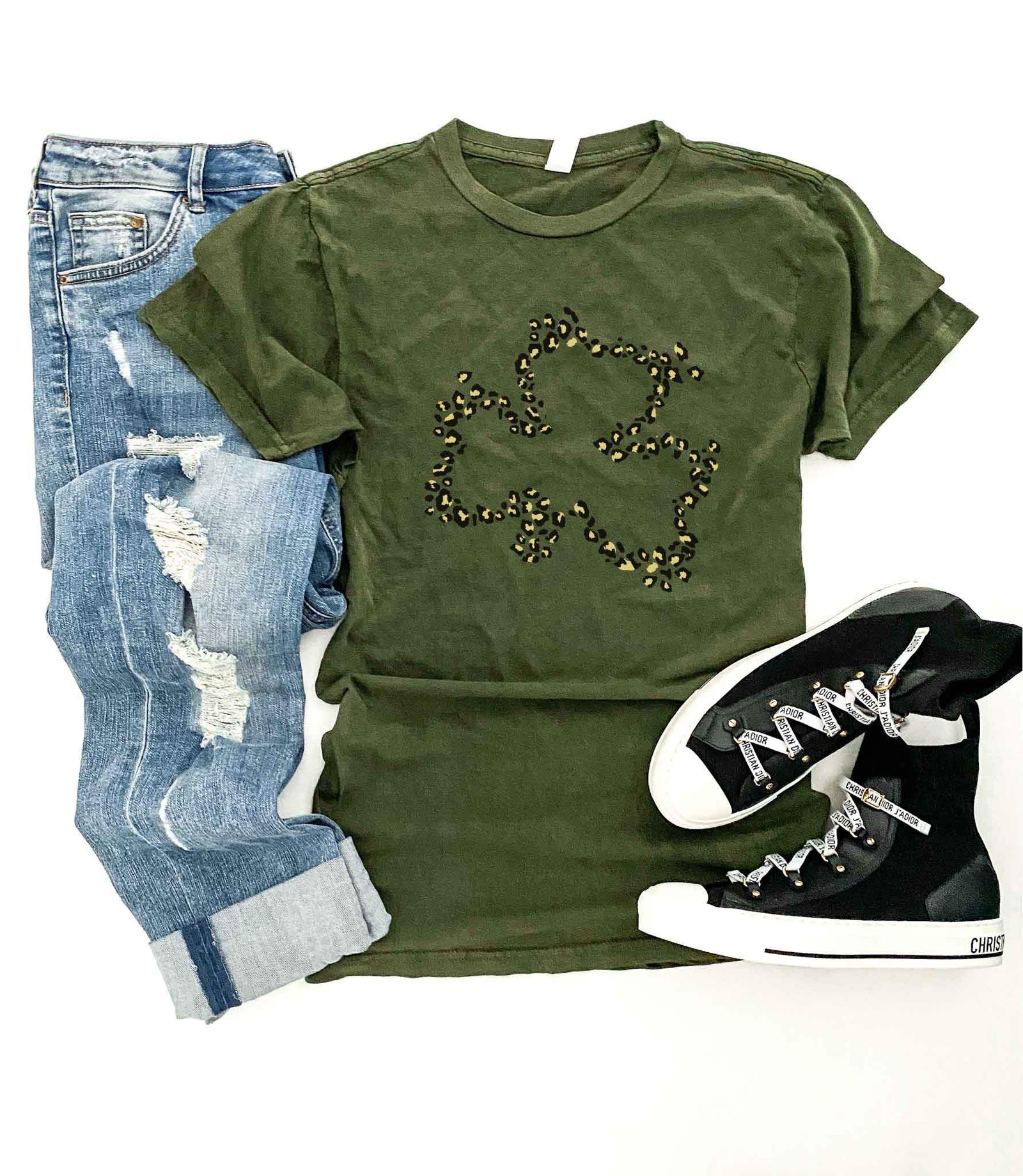 Leopard clover vintage wash tee St Pattys Day tee Lane seven vintage olive tee 