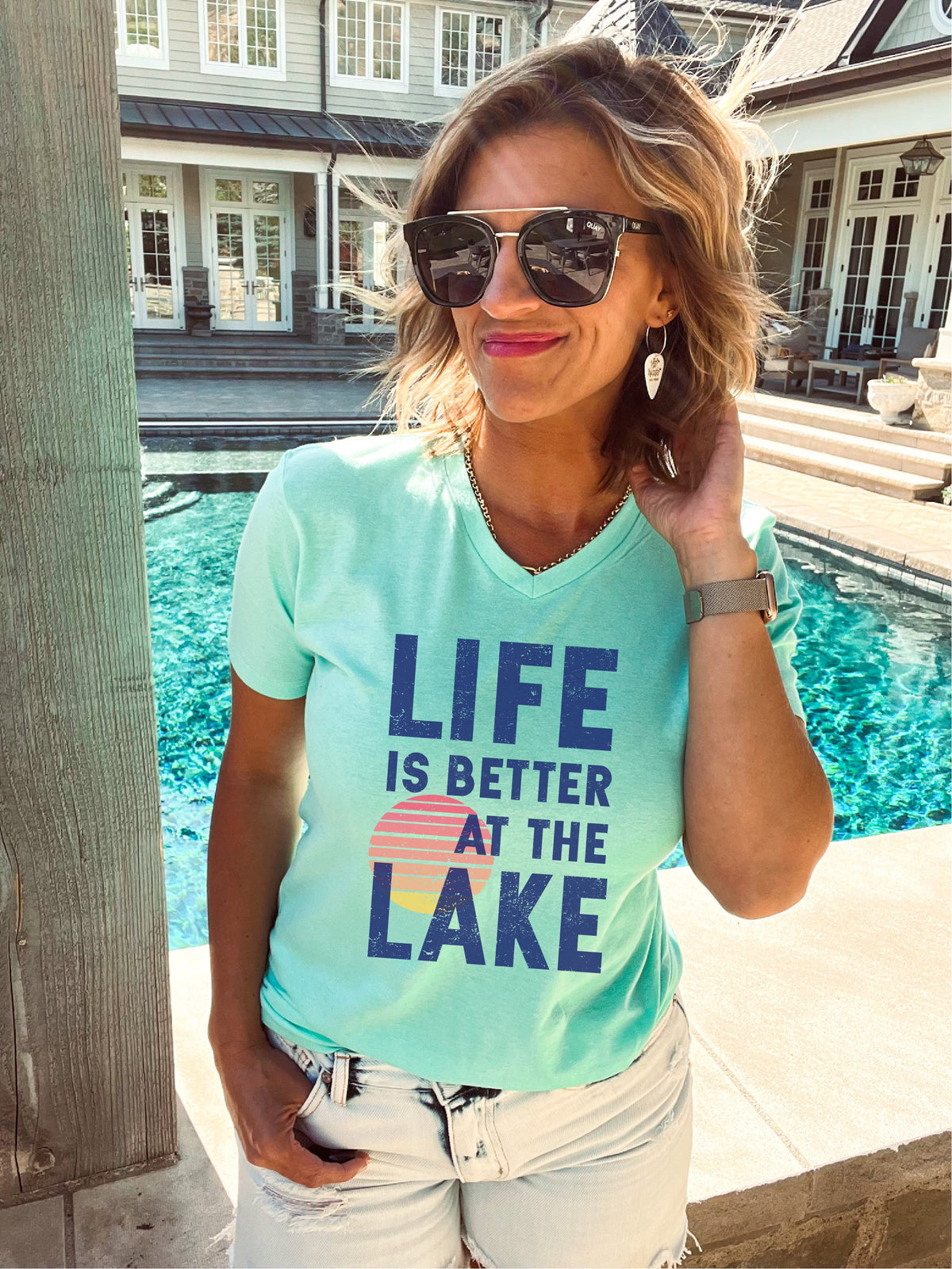 Life is better at the lake vneck tee Short sleeve summer tee Cotton heritage MC1047 vneck tee 