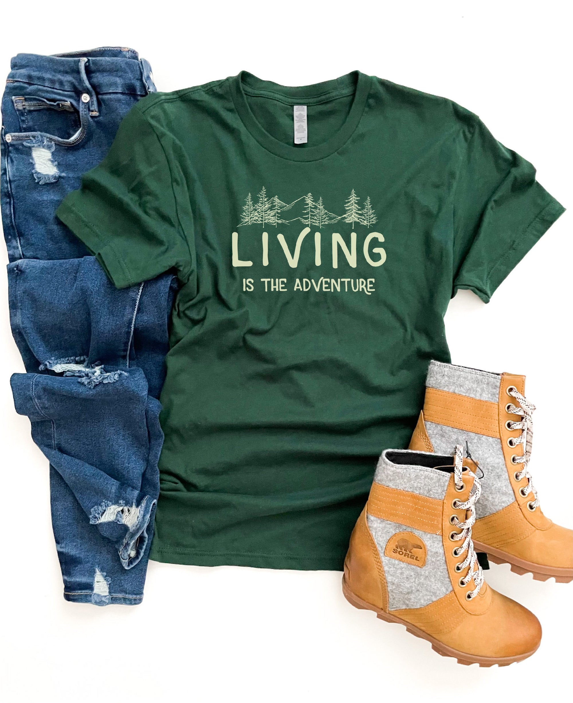 Living is the adventure Short sleeve miscellaneous tee Bella Canvas 3001 heather forest 