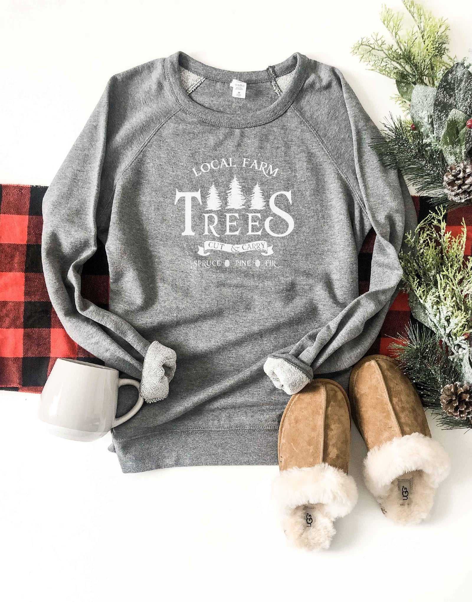 Local farm trees french terry raglan sweatshirt Holiday French Terry raglan Cotton heritage and lane seven French Terry raglan XS Charcoal 