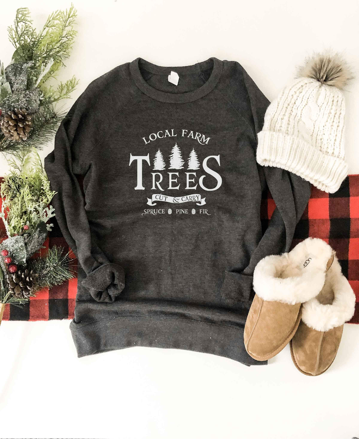 Local farm trees french terry raglan sweatshirt Holiday French Terry raglan Cotton heritage and lane seven French Terry raglan XS Charcoal 