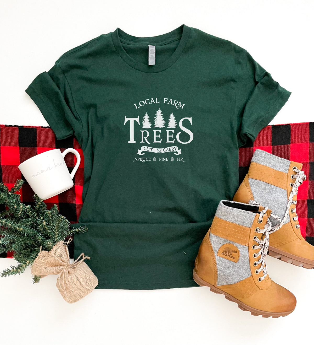 Local farm trees tee Short sleeve holiday tee Bella Canvas 3001 heather forest 