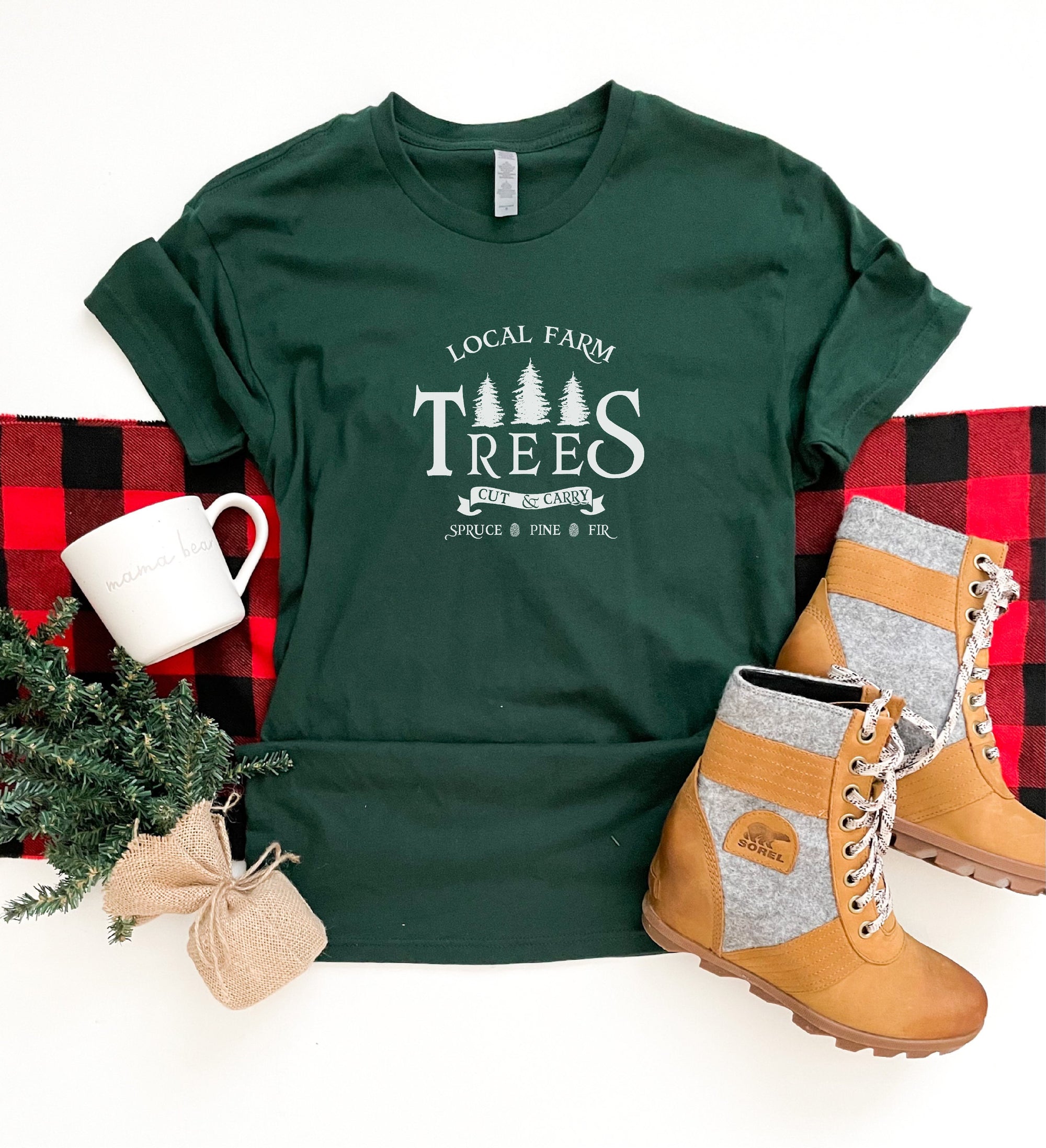 Local farm trees tee Short sleeve holiday tee Bella Canvas 3001 heather forest 