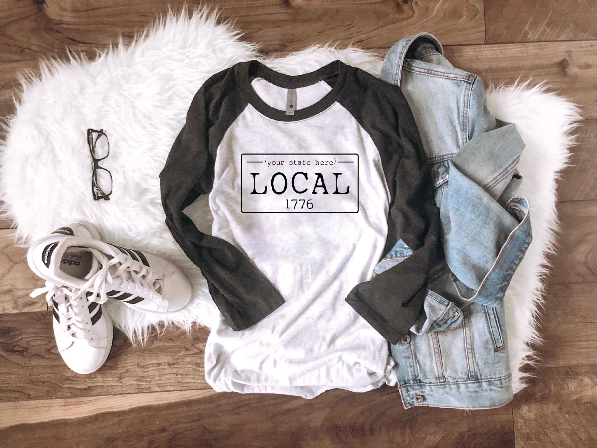 Local license plate baseball state tee- O-T Long sleeve state tee Bella Canvas 3001 natural and deep heather 