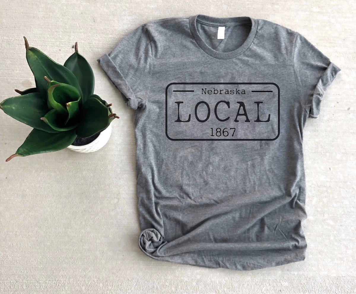 Local license plate state tee- M-N Short sleeve state tee Bella Canvas 3001 natural and deep heather 