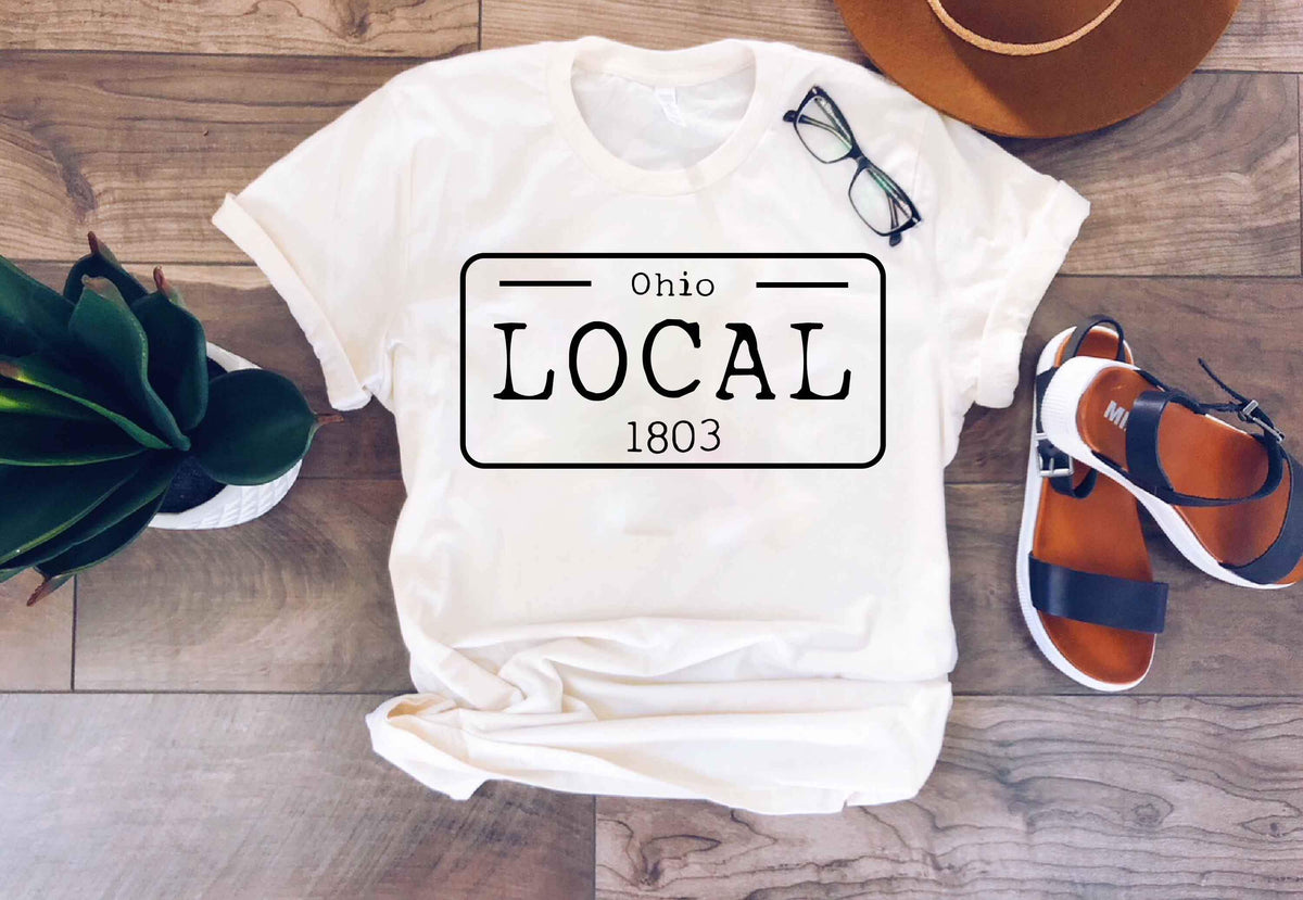 Local license plate state tee- N-O Short sleeve state tee Bella Canvas 3001 natural and deep heather 