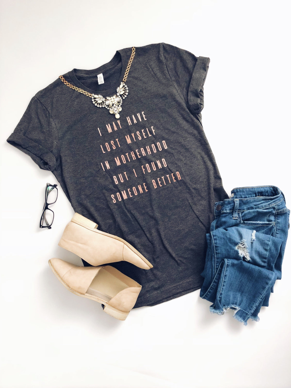 Lost myself in Motherhood Short sleeve mom tee Bella Canvas 3001 dark heather grey 