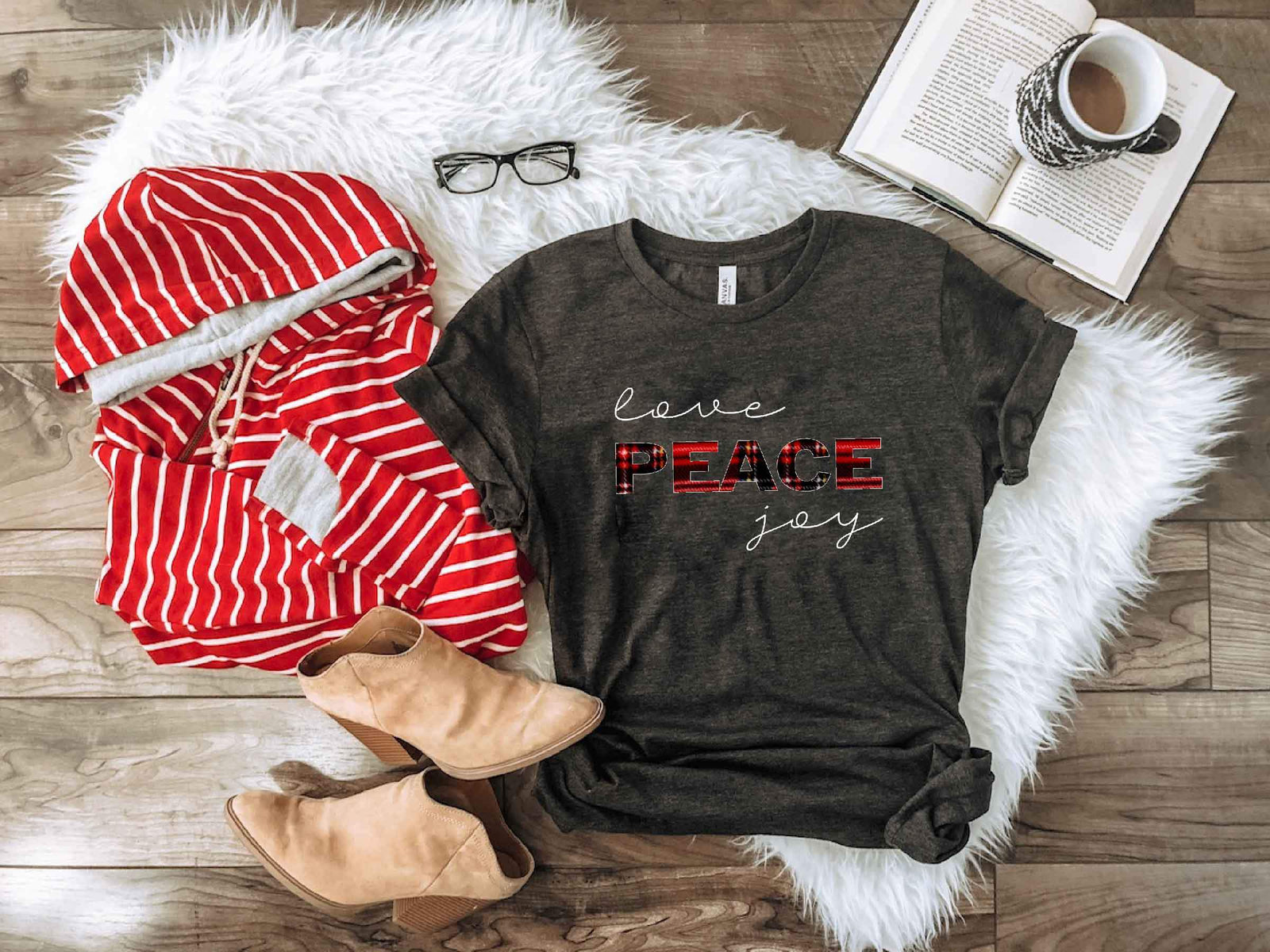 Love peace joy tee Short sleeve holiday tee Bella Canvas 3001 dark heather grey 