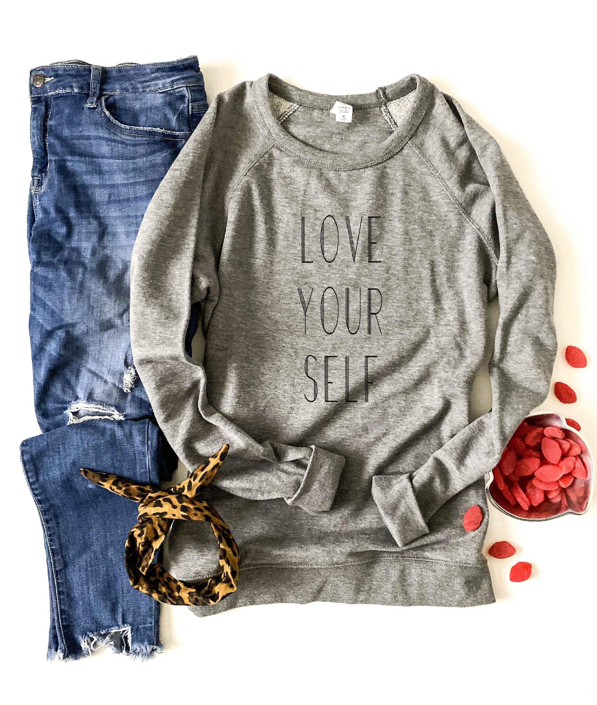 Love yourself french terry raglan sweatshirt Valentines French Terry raglan Cotton heritage and lane seven French Terry raglan XS Heather grey 