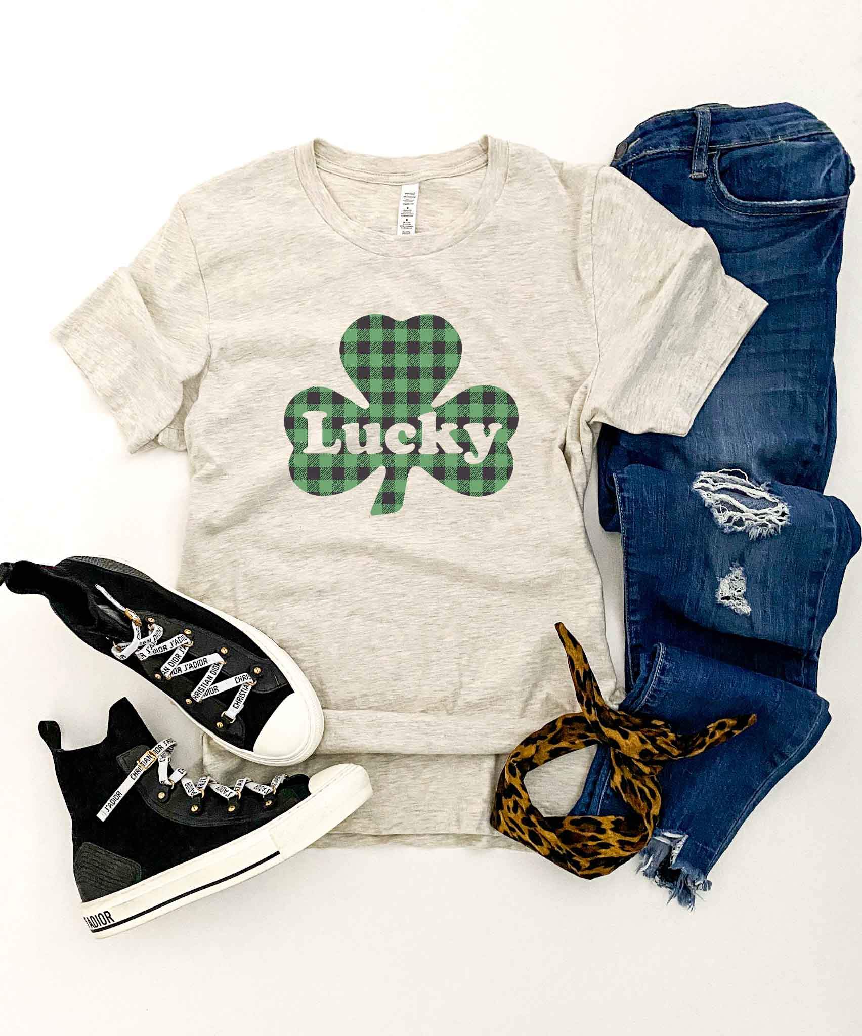 Lucky plaid clover tee Short sleeve St patty day tee Bella canvas 3001 Kelly Green/white 