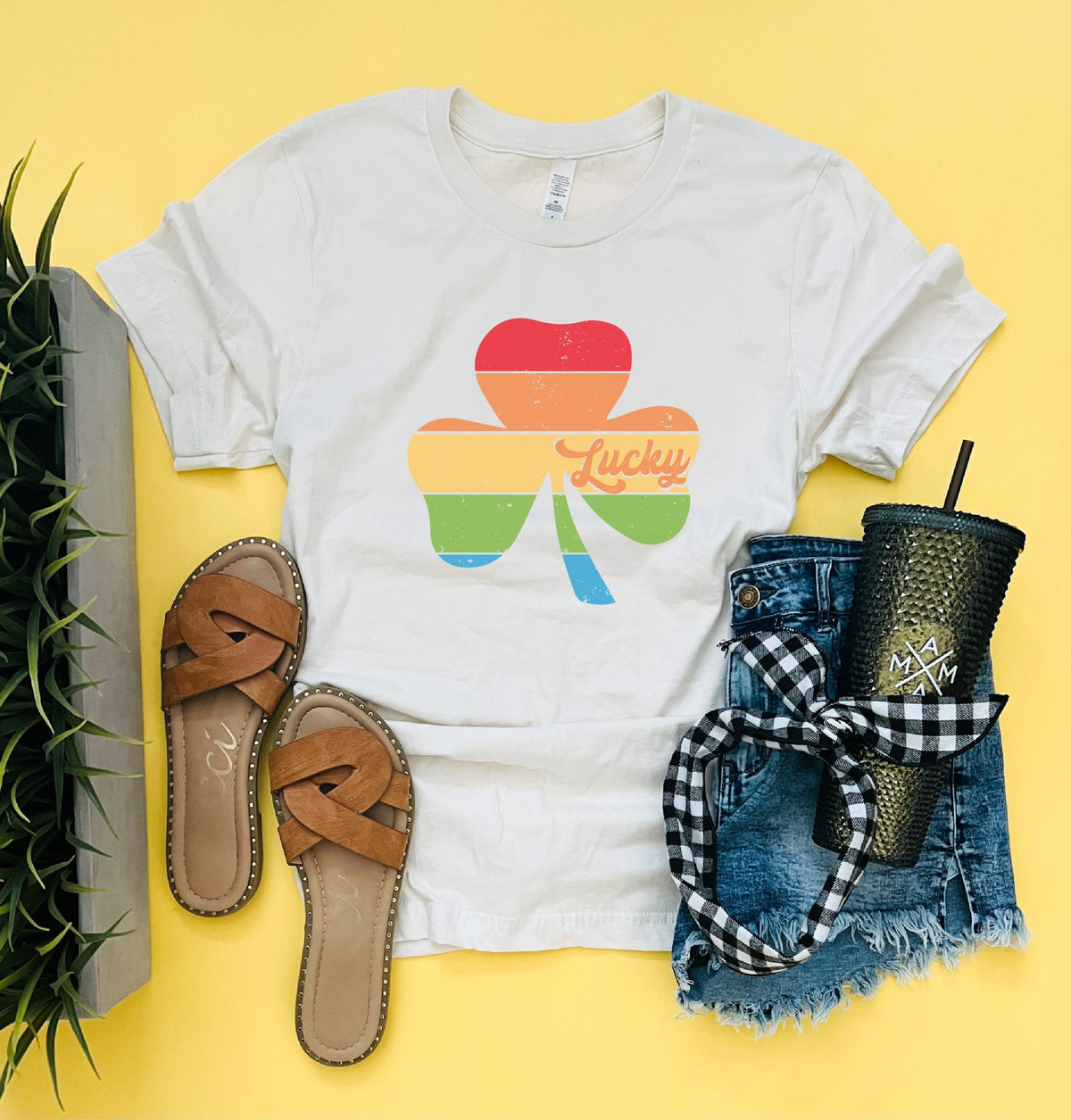 Lucky rainbow shamrock tee Short sleeve St patty day tee Bella canvas 3001 vintage white 