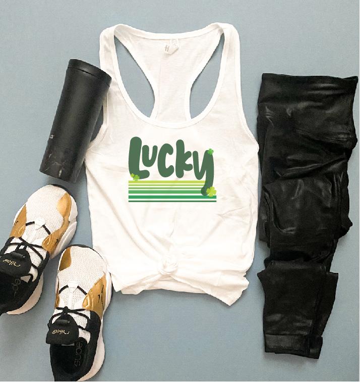 Lucky stripes women's racerback tank Short sleeve St patty day tee Next Level 1533 tank white 