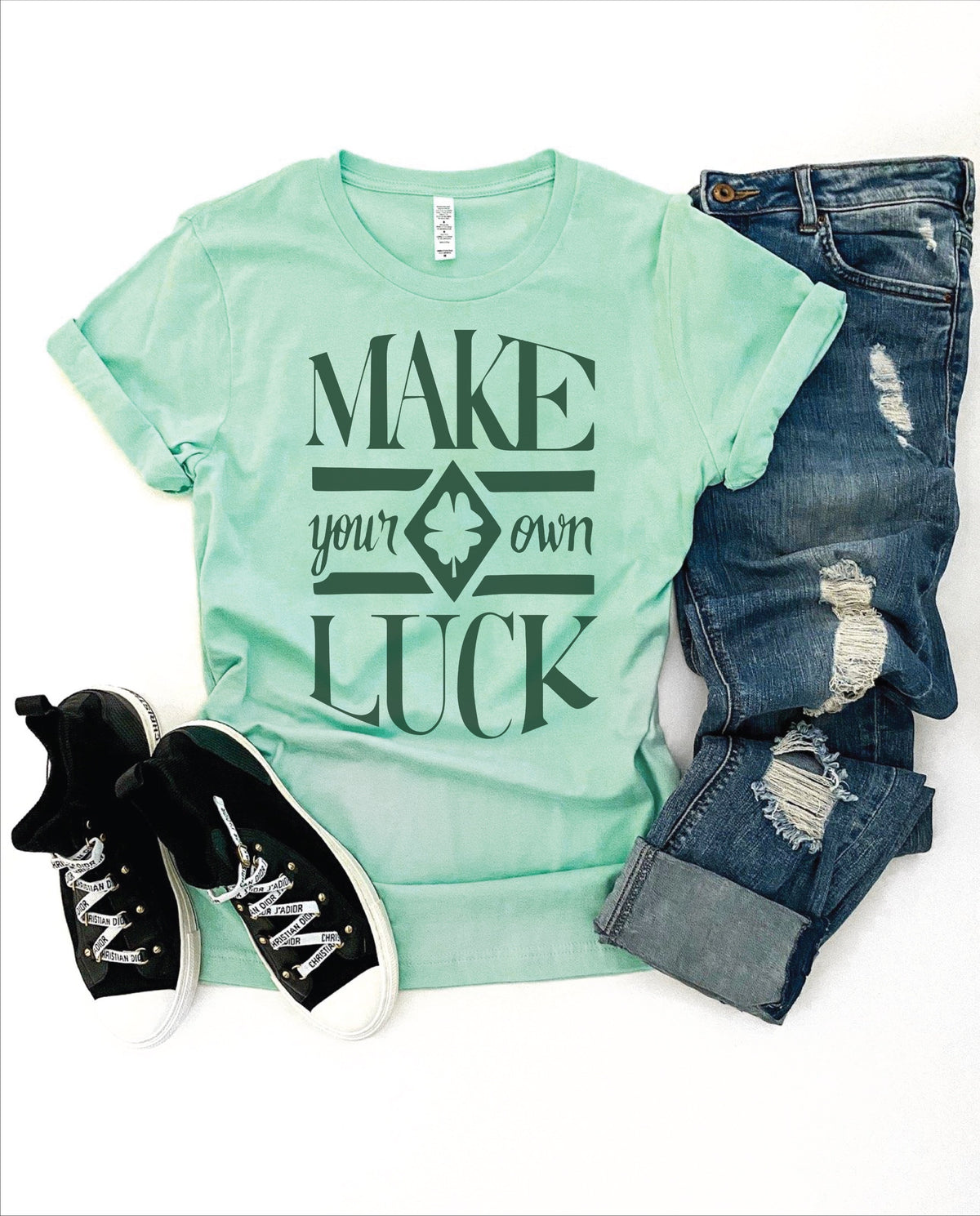 Make your own luck green font tee Short sleeve St patty day tee Bella canvas 3001 Kelly Green/white 