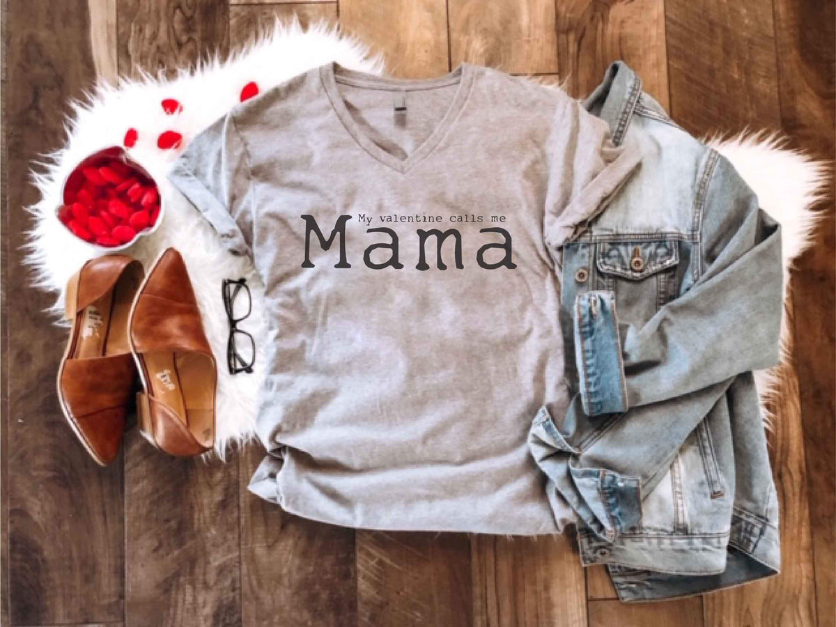 My valentine calls me mama Short sleeve valentines day tee Next Level 6240 heather grey 