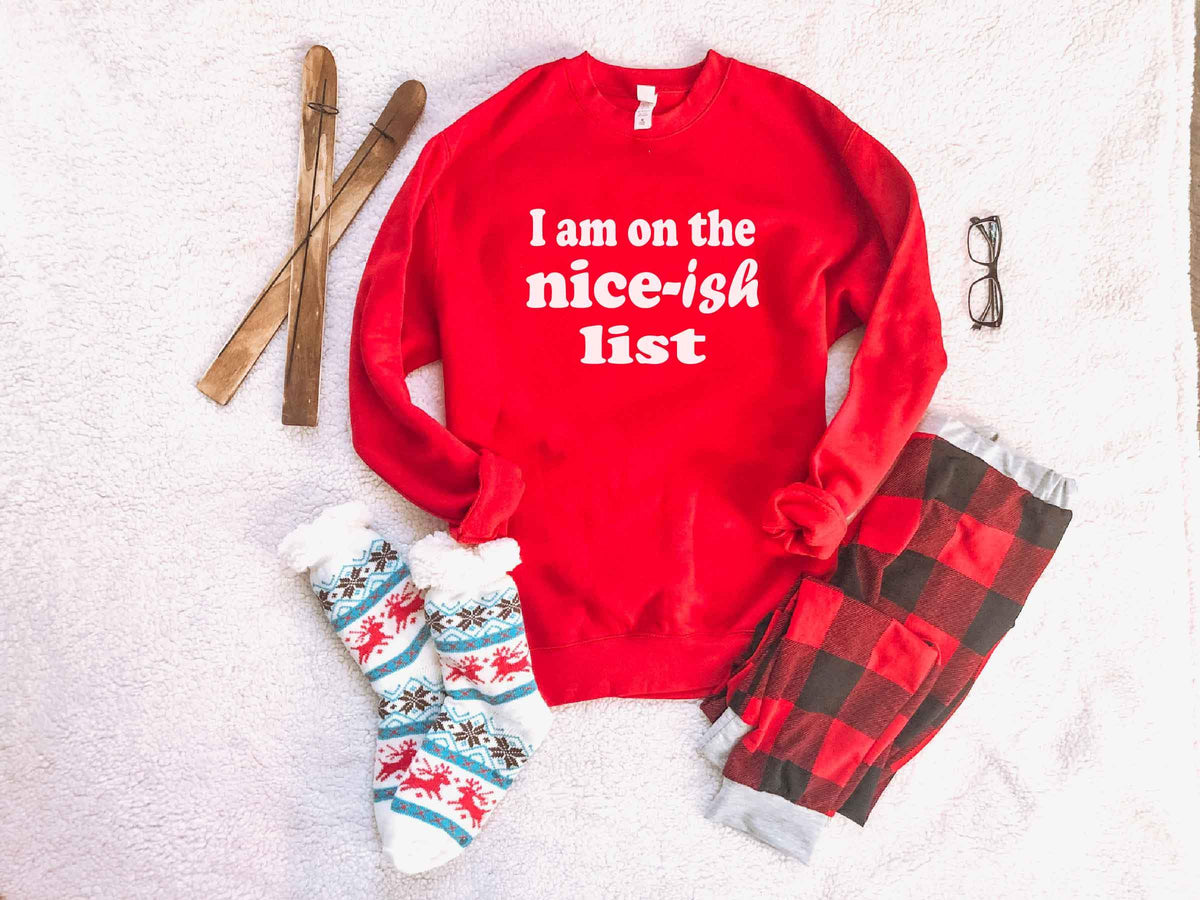 Nice-ish list sweatshirt Holiday French Terry raglan Lane seven unisex sweatshirt S Red 