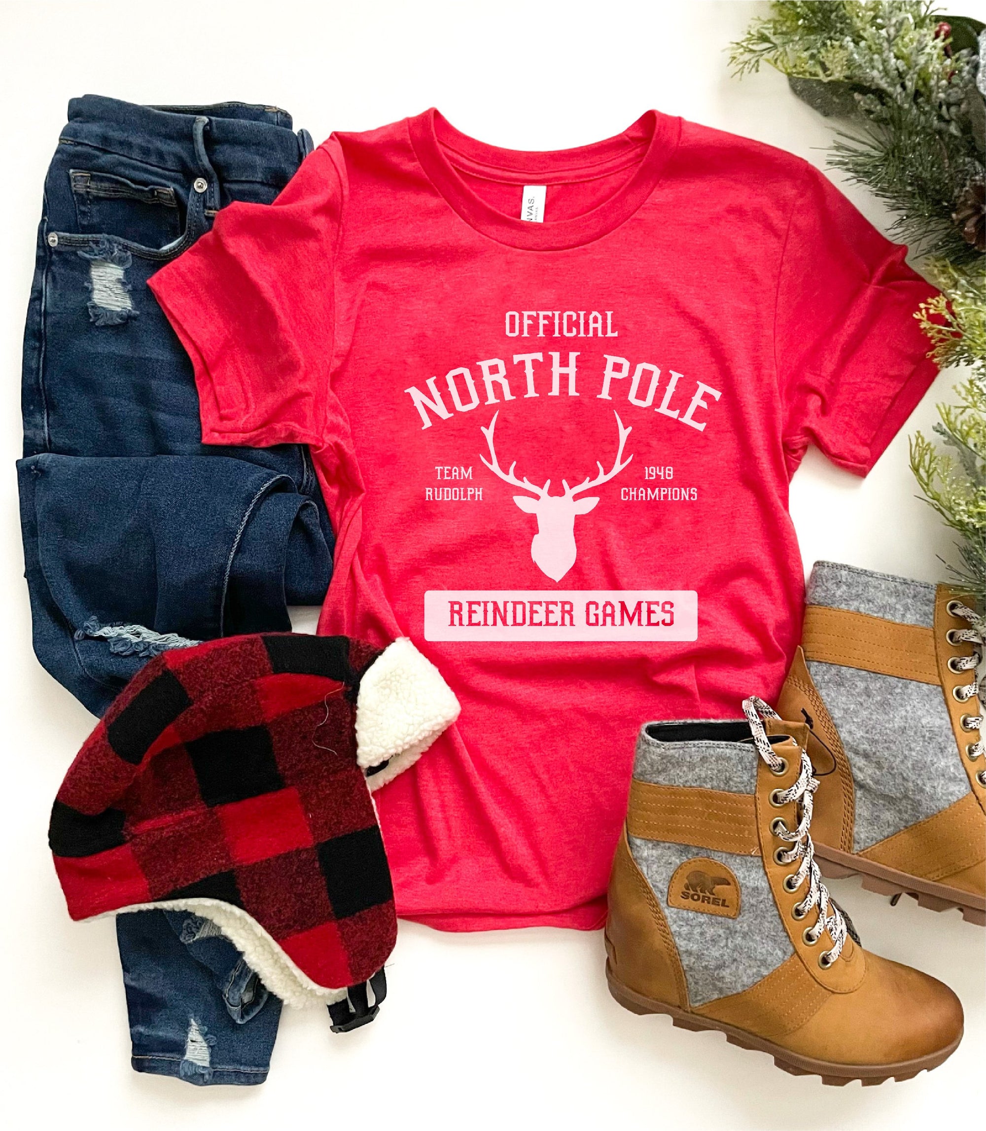 North Pole tee Short sleeve holiday tee Bella canvas 3001 heather red XS Forest green 