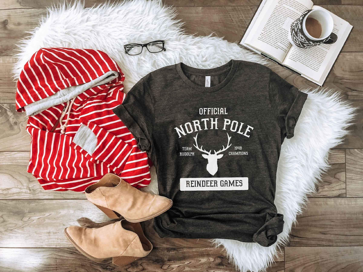 North Pole tee Short sleeve holiday tee Bella canvas 3001 heather red XS Charcoal 