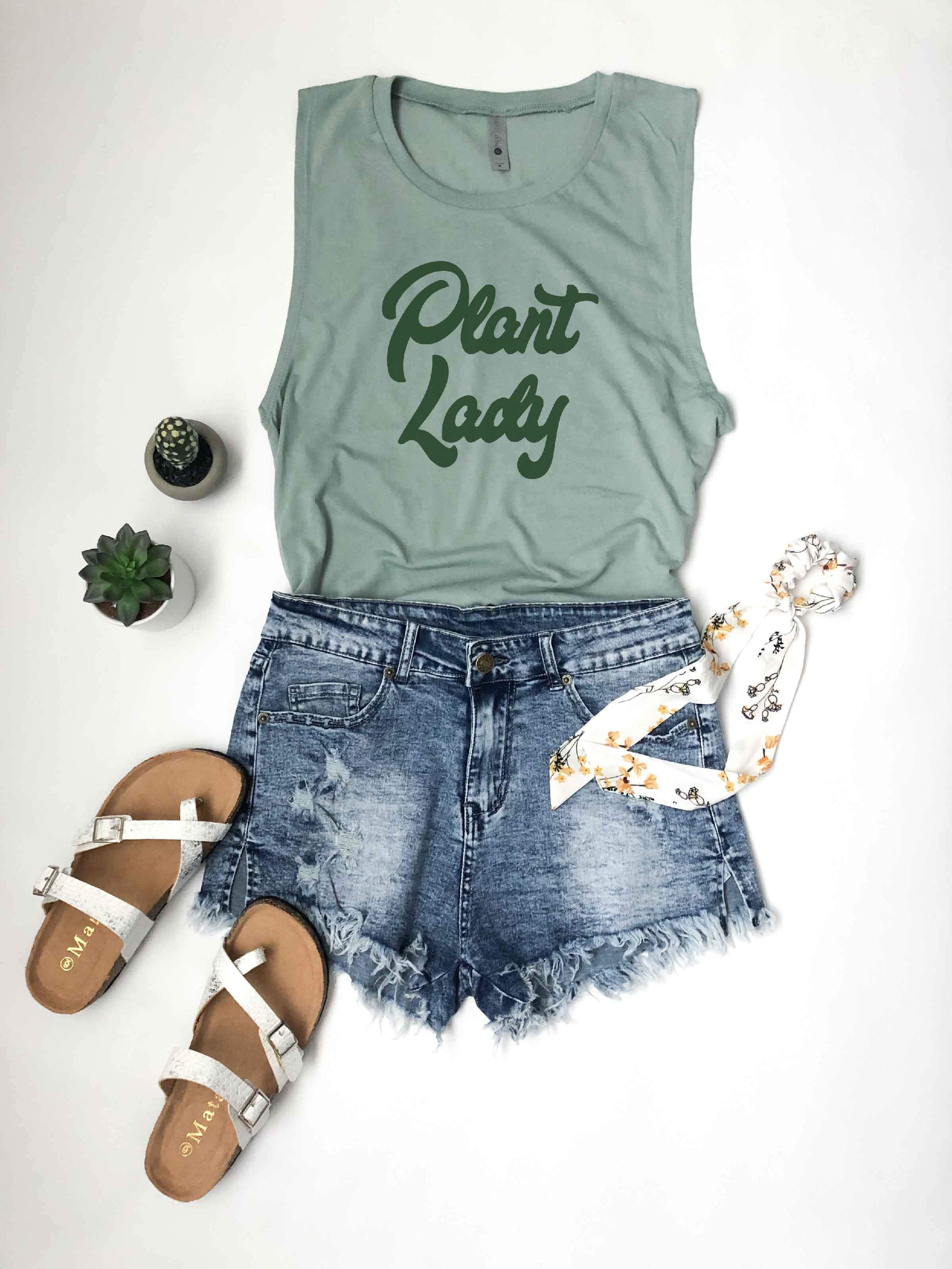 Plant lady unisex muscle tank Short sleeve miscellaneous tee Next level sage green unisex muscle tank 