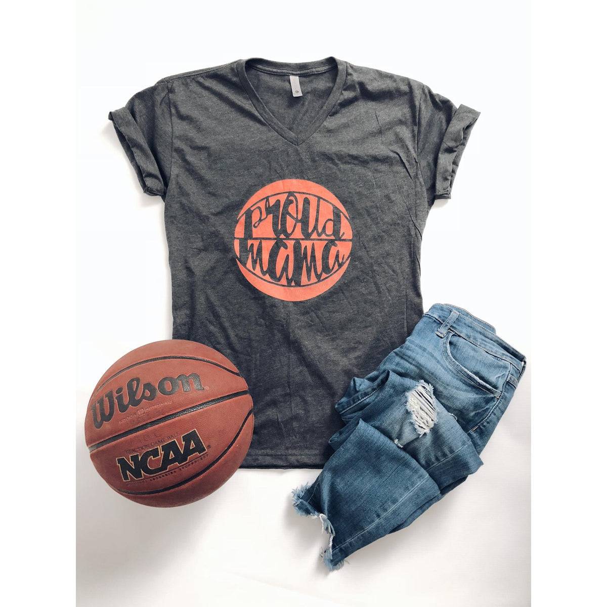 Proud Mama basketball- grey V-neck Short sleeve mom tee Bella canvas vneck dark heather grey 