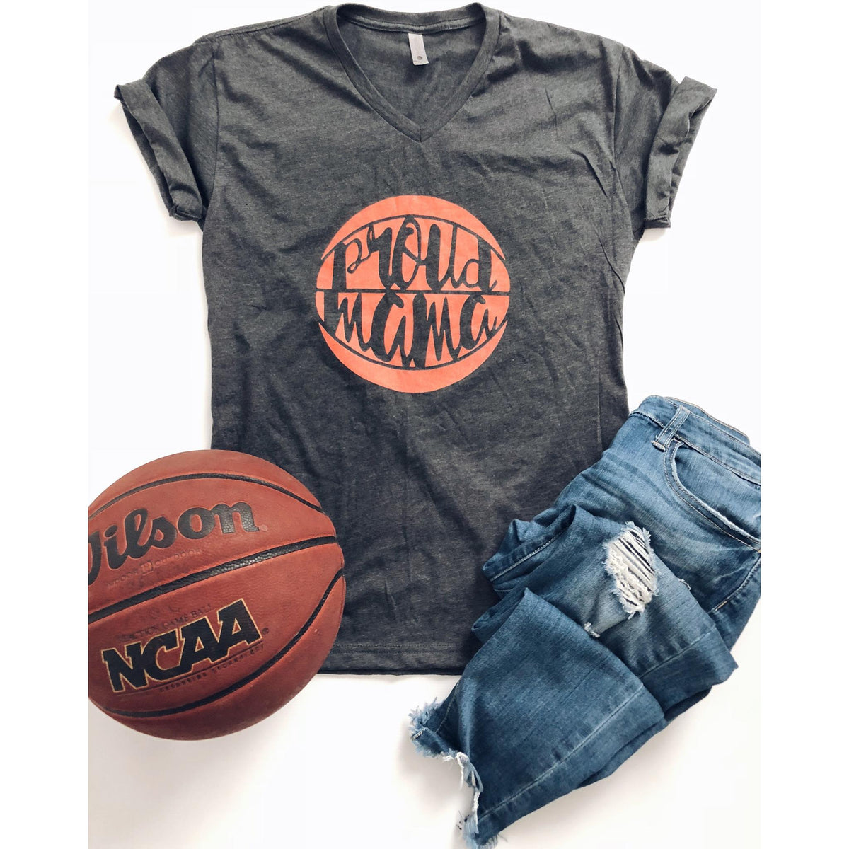 Proud Mama basketball- grey V-neck Short sleeve mom tee Bella canvas vneck dark heather grey 
