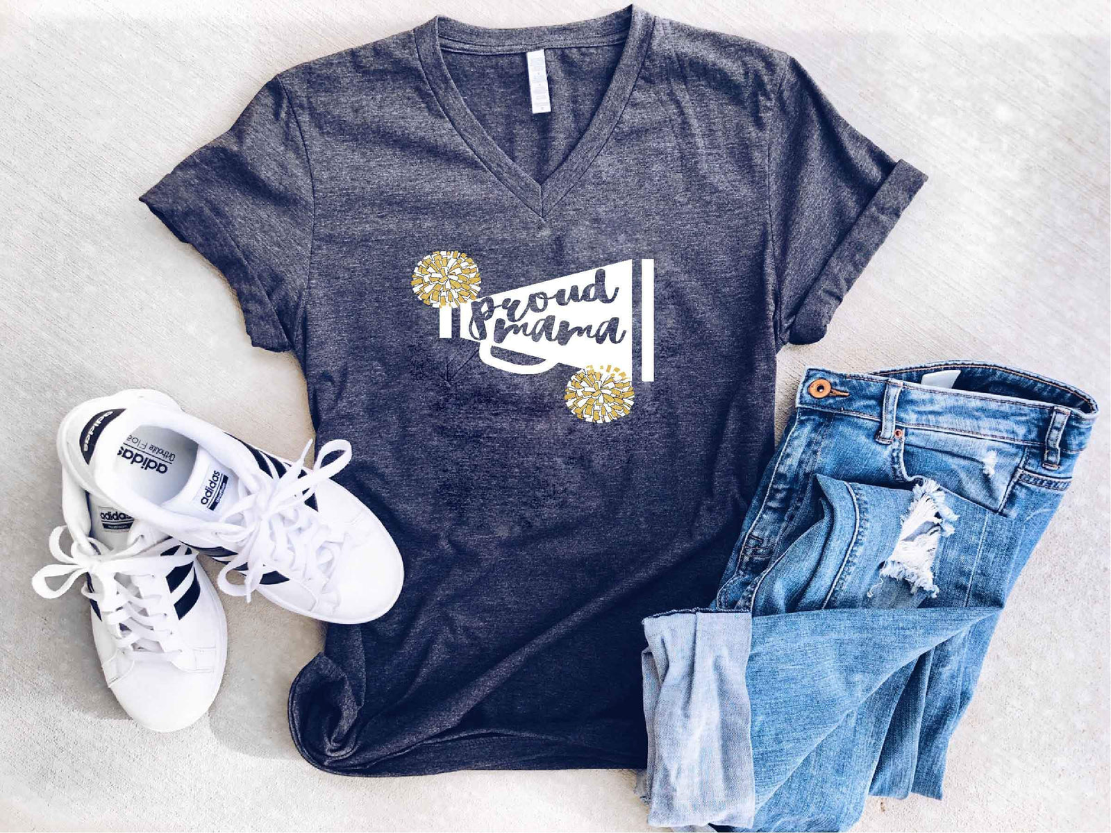 Proud mama cheer Short sleeve mom tee Bella Canvas 3001 dark heather grey 