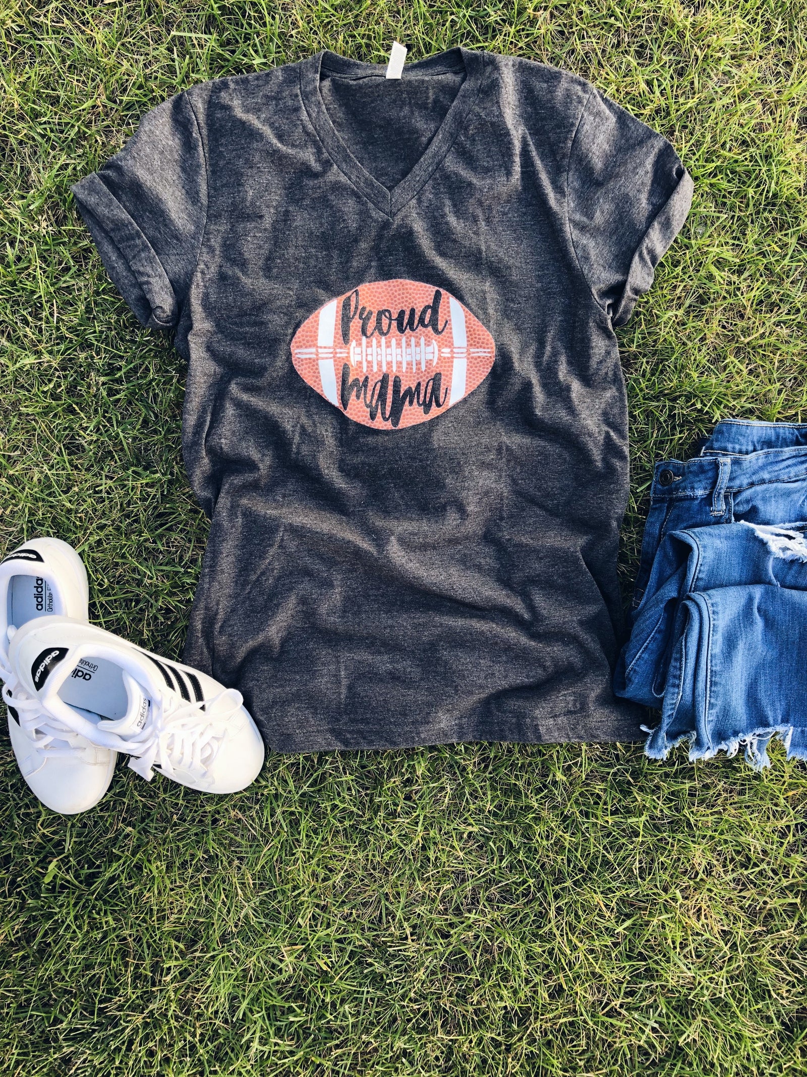 Proud mama football tee Short sleeve football tee Bella Canvas 3001 dark heather grey 