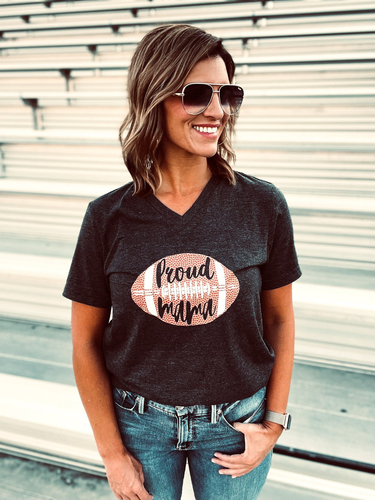 Proud mama football tee Short sleeve football tee Bella Canvas 3001 dark heather grey 