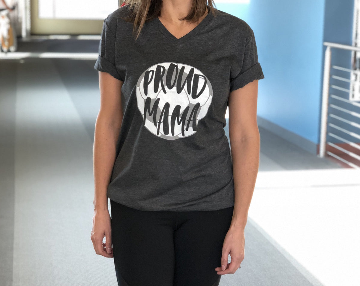 Proud Mama- Soccer Short sleeve mom tee Bella canvas vneck dark heather grey 