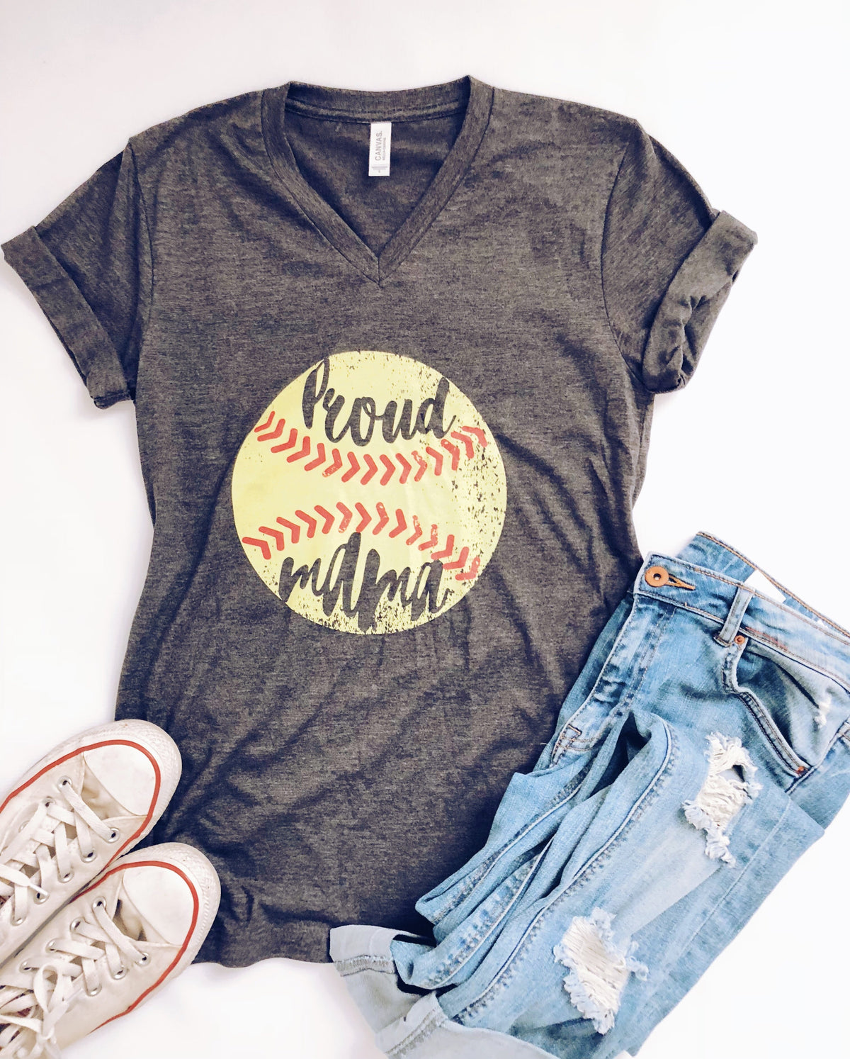 Proud mama- softball Short sleeve mom tee Bella canvas 3005 dark heather grey 