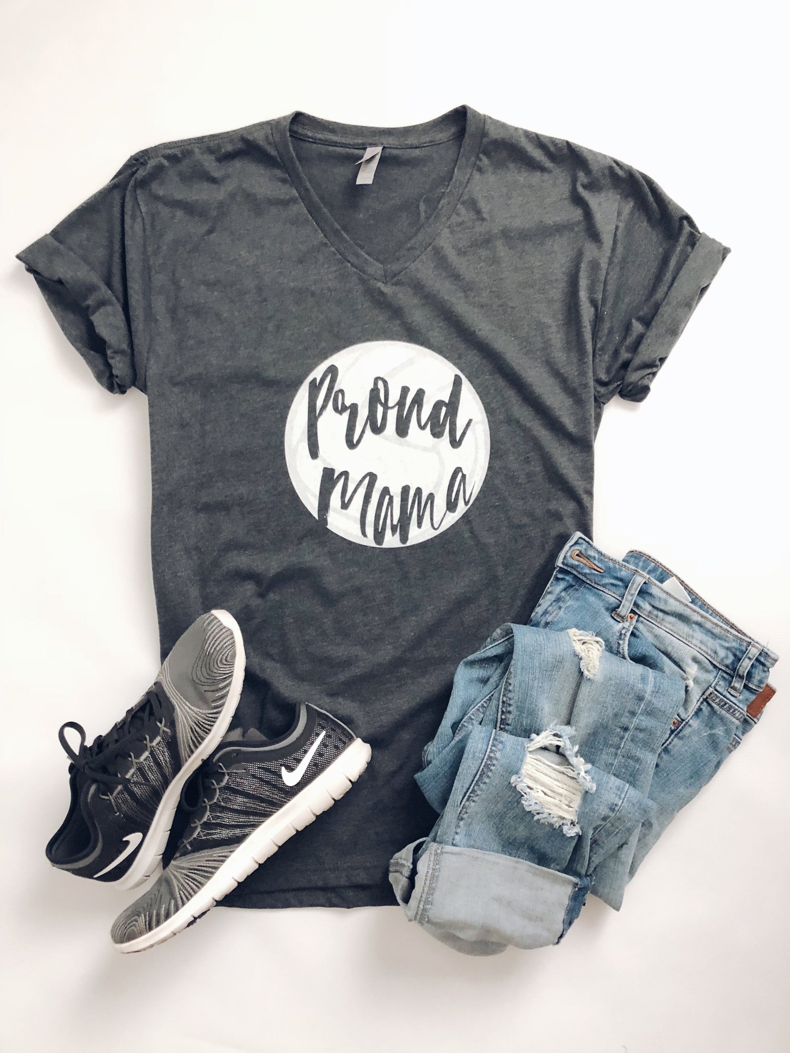 Proud Mama- volleyball Short sleeve mom tee Bella canvas vneck dark heather grey 