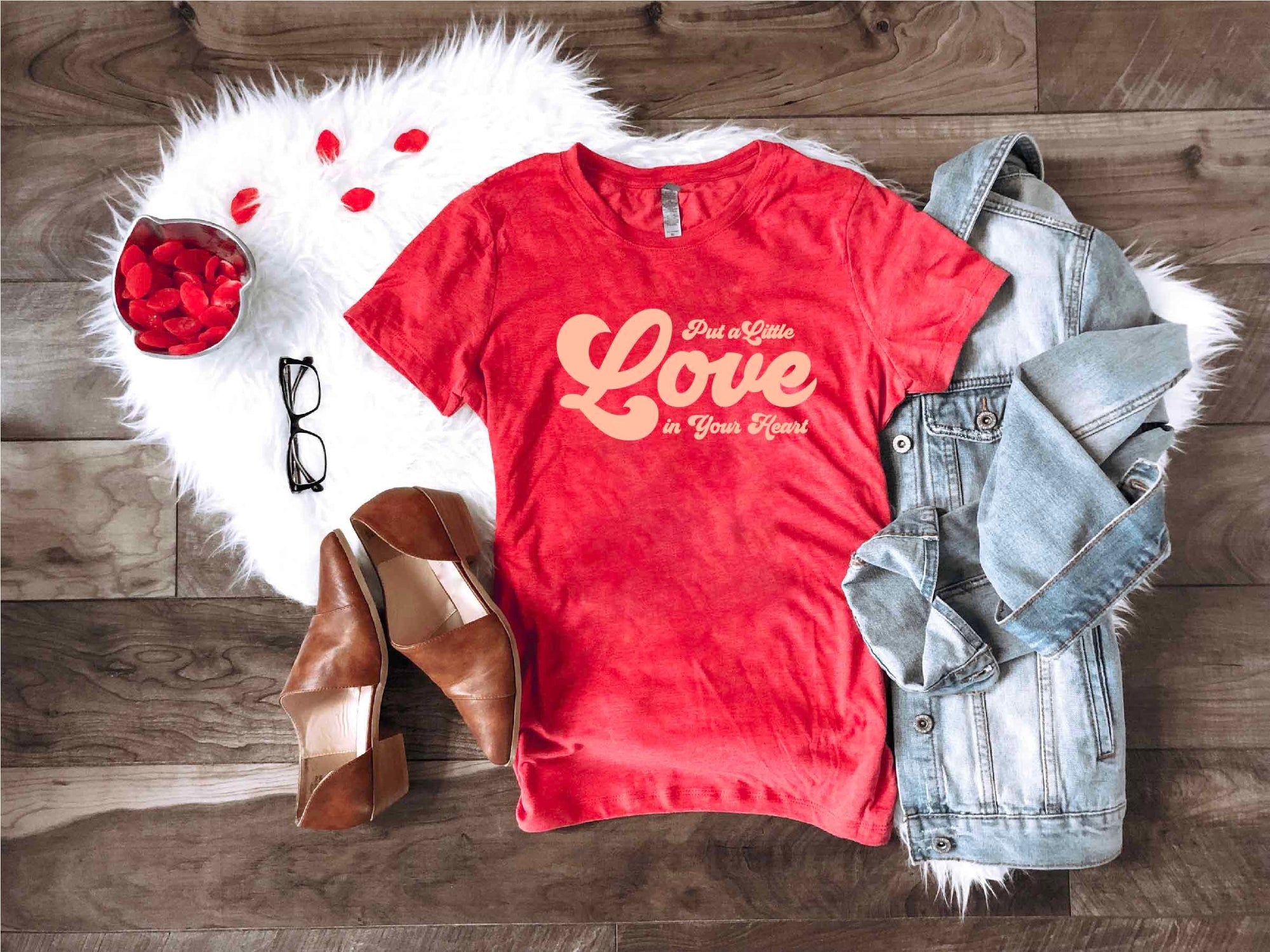 Put a little love in your heart Short sleeve valentines day tee Anvil 980 heather red 