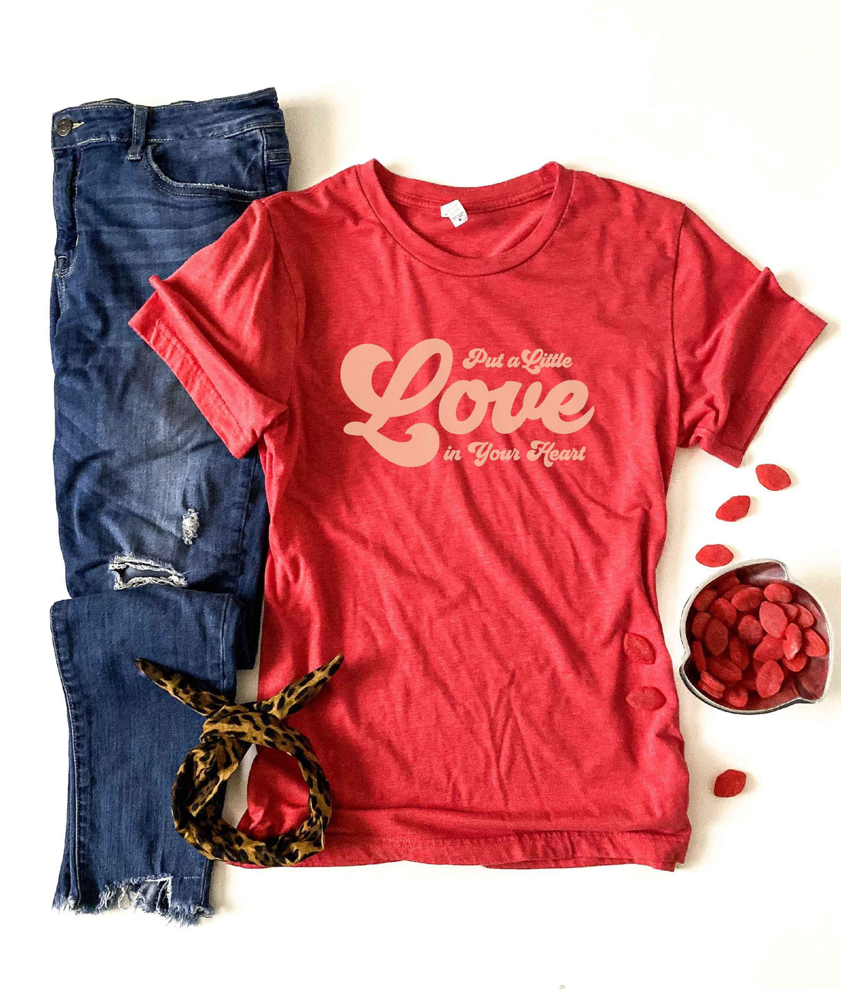 Put a little love in your heart tee Short sleeve valentines day tee Bella canvas 3001 heather red XS Red 