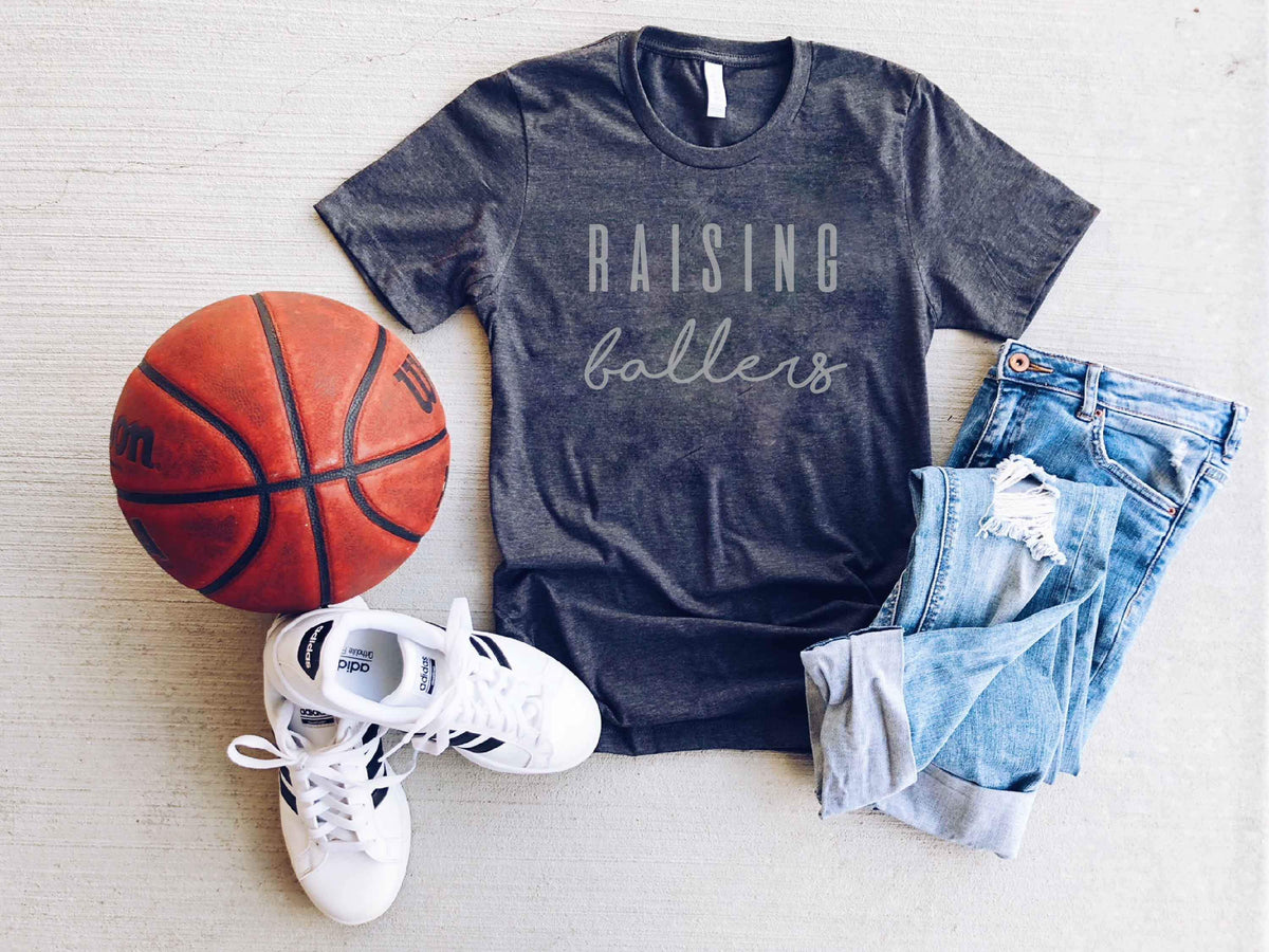 Raising Ballers tee Short sleeve mom tee Bella Canvas 3001 dark heather grey 