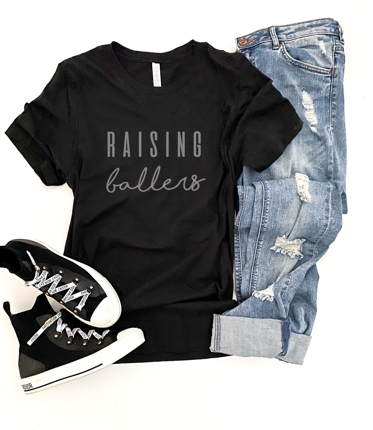 Raising Ballers tee Short sleeve mom tee Bella Canvas 3001 dark heather grey 