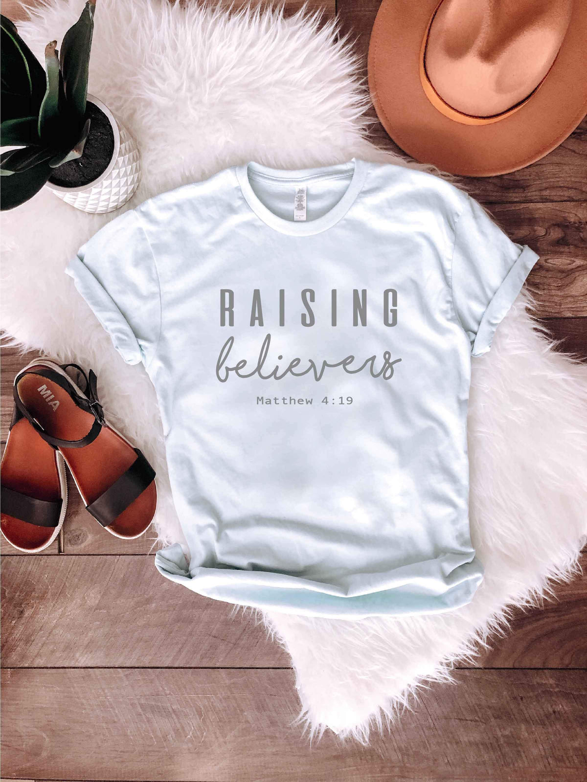 Raising believers Ice blue tee Short sleeve faith based tee Bella Canvas 3001 Ice Blue 