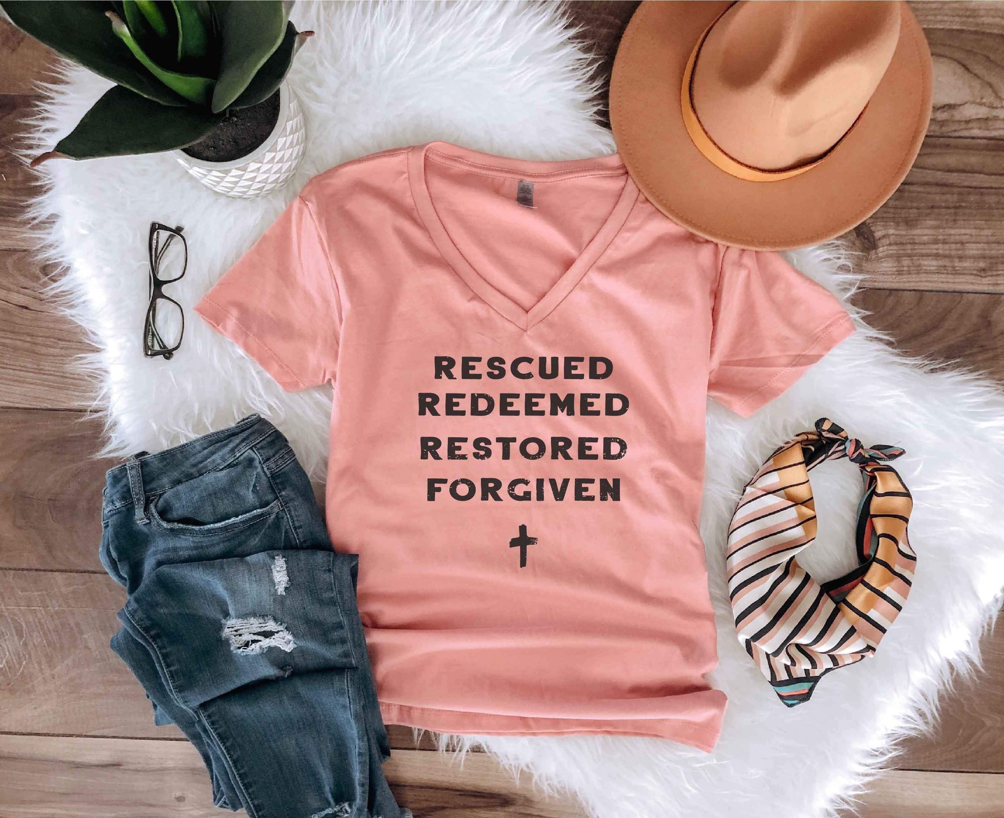 Rescued and Redeemed Short sleeve faith based tee Next level 3940 womens desert pink 