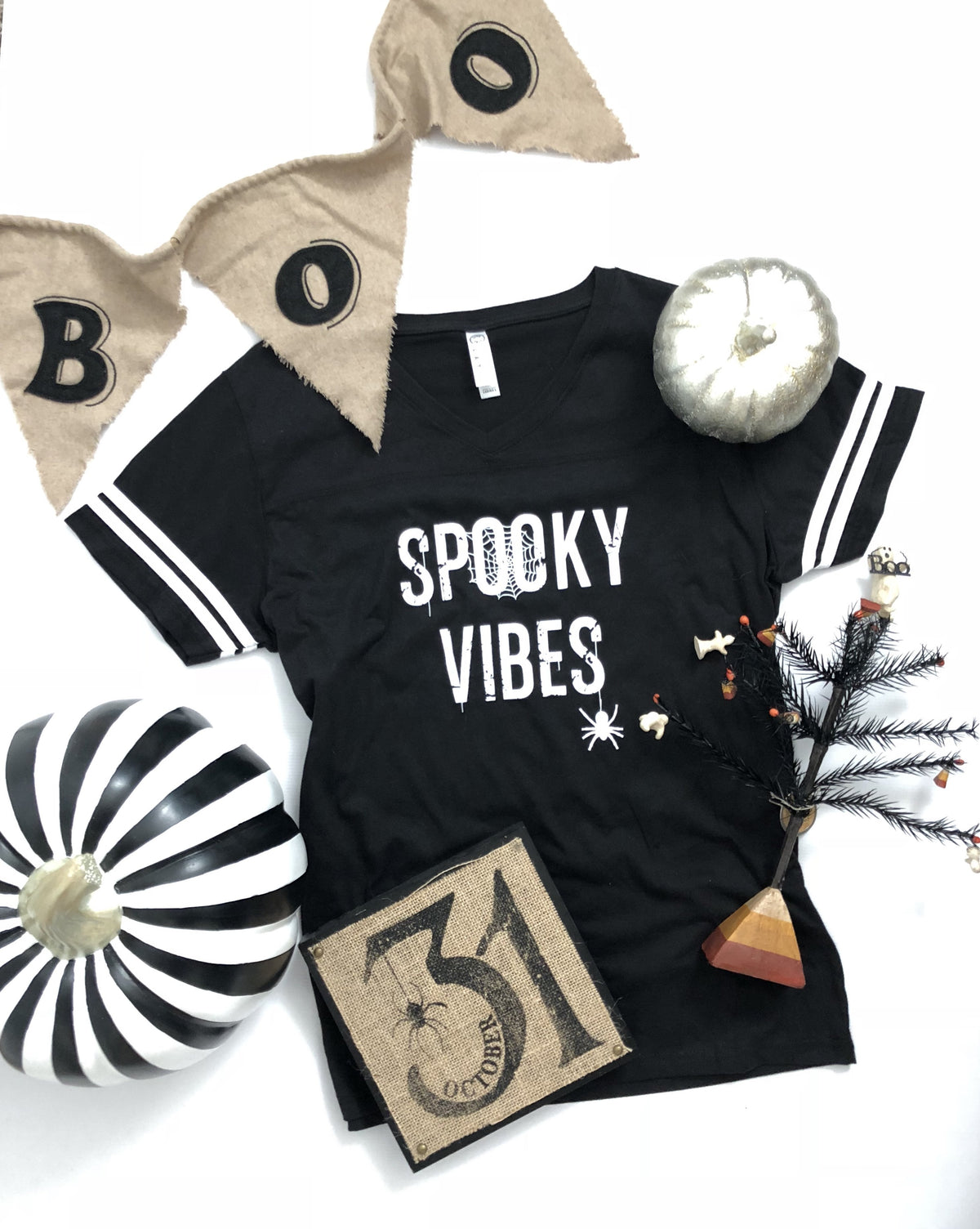 Spooky vibes womens varsity tee Short Sleeve halloween tee LAT womens varsity tee black 