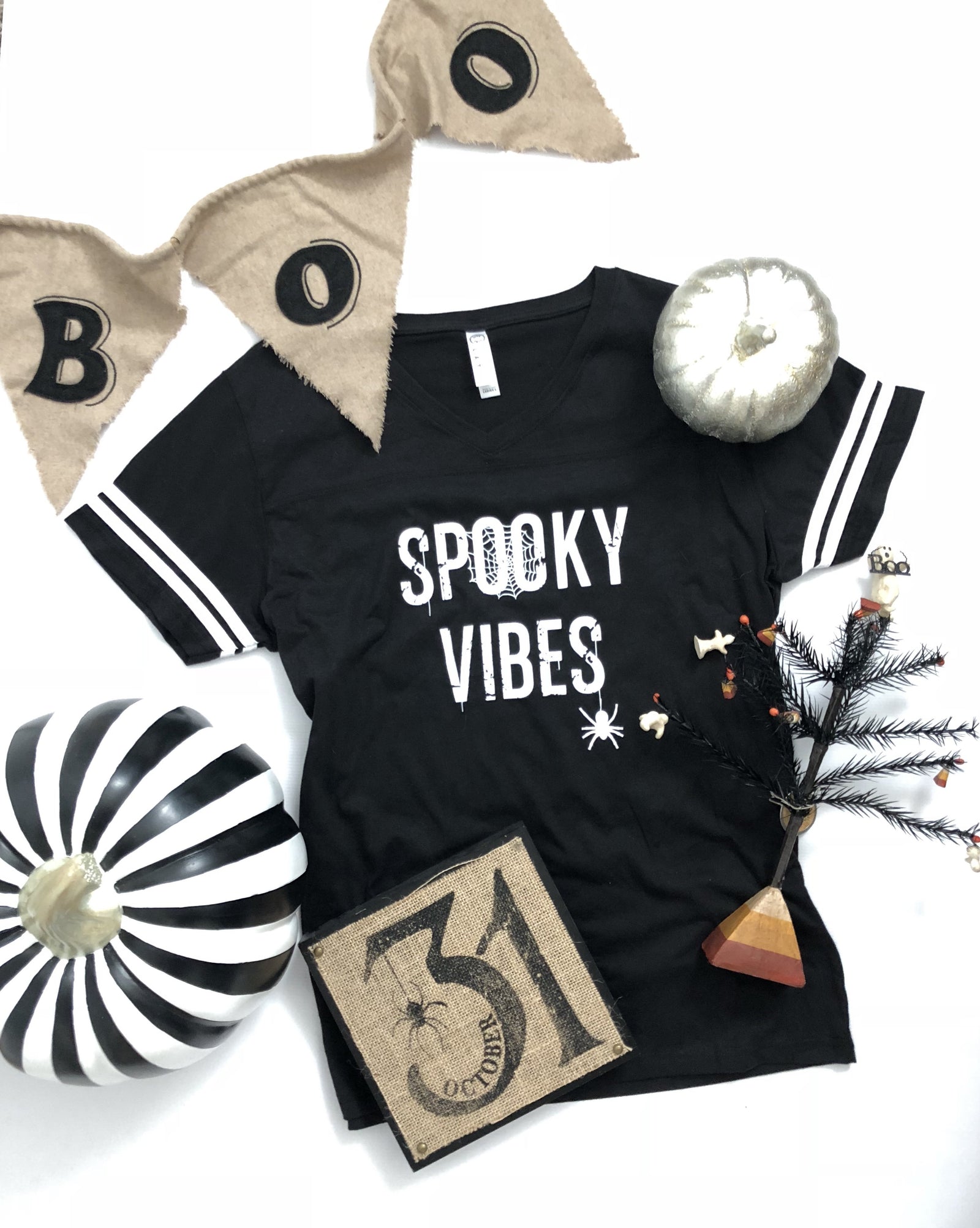 Spooky vibes womens varsity tee Short Sleeve halloween tee LAT womens varsity tee black 