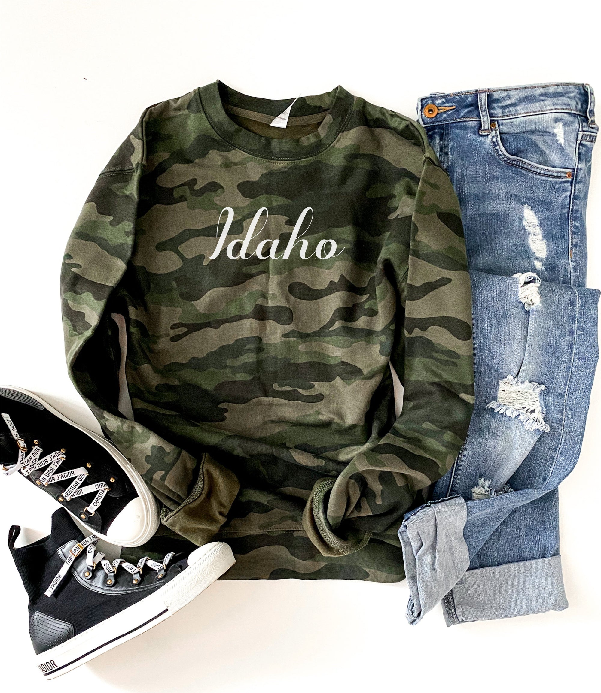 State script camo sweatshirt I-L State script sweatshirt Independent Trading company lightweight hoodie XS Idaho 