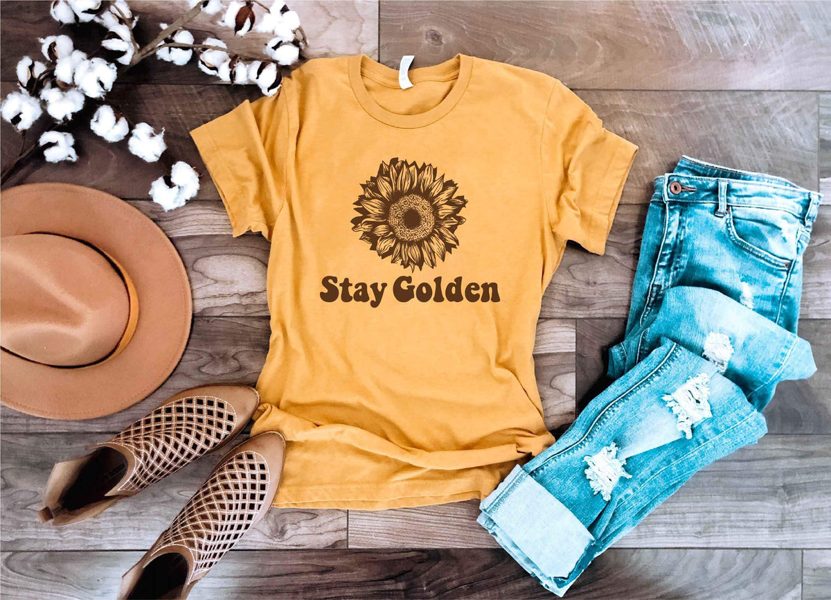 Stay golden mustard yellow tee Short sleeve miscellaneous tee Bella Canvas 3001 mustard 