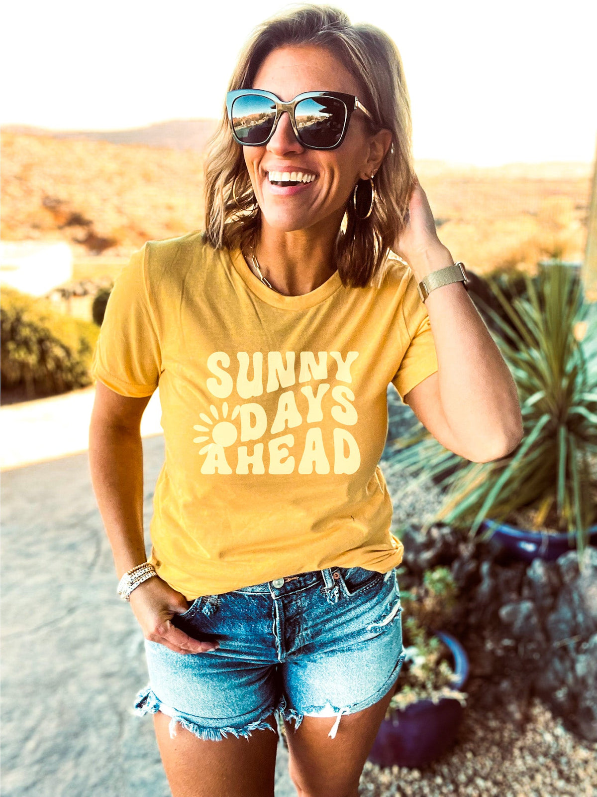 Sunny days ahead tee Short sleeve summer tee Bella Canvas 3001 heather yellow gold, Cotton heritage MC 1040 dusty rose 