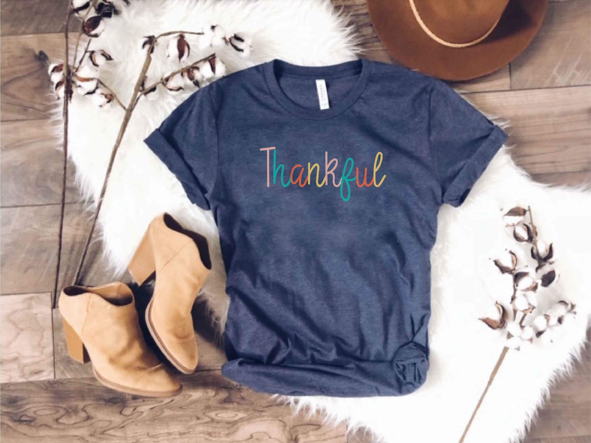 Thankful tee Short sleeve fall tee Bella Canvas 3001 heather navy 