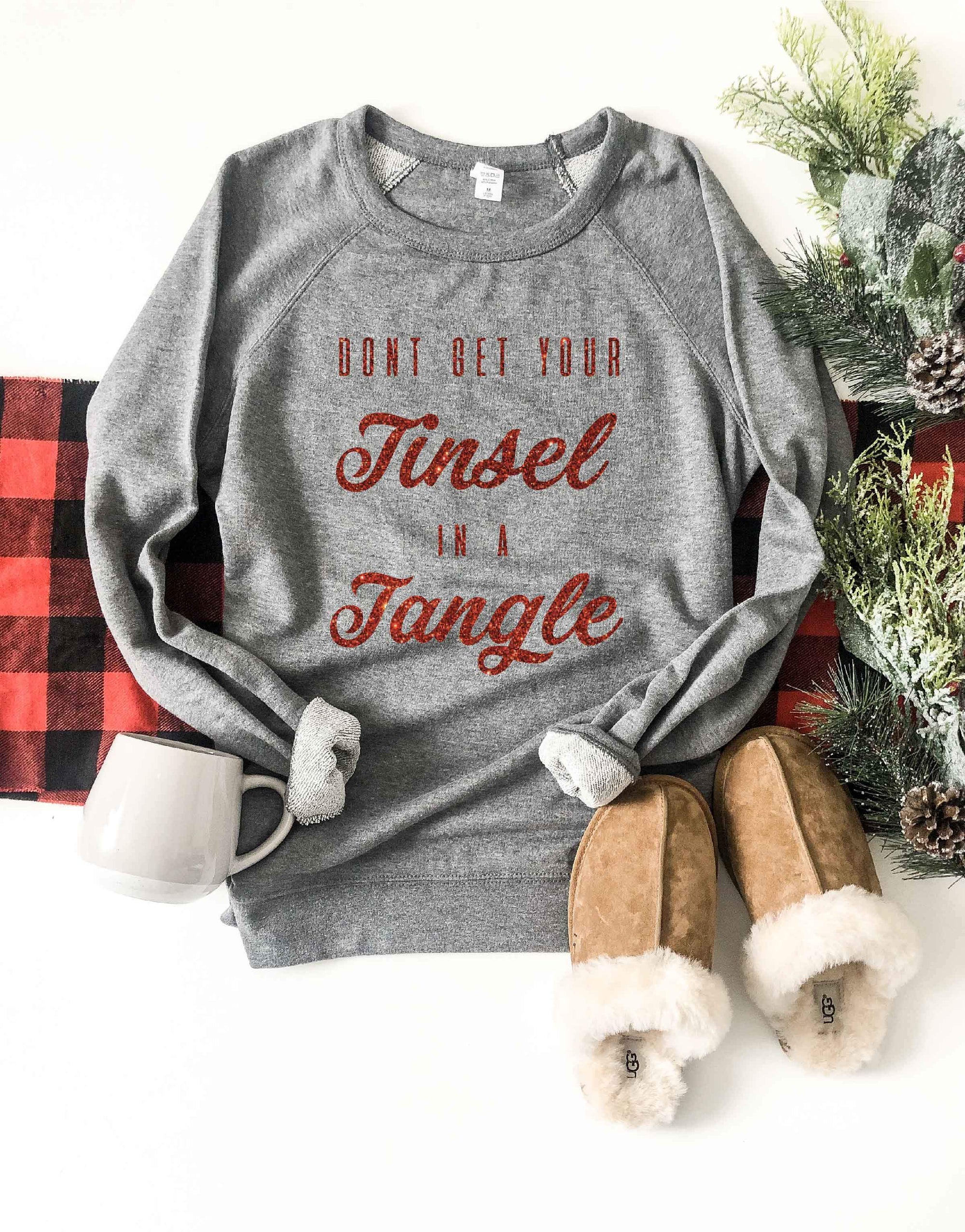 Tinsel in a tangle french terry raglan sweatshirt Holiday sweatshirt Cotton heritage and lane seven French Terry raglan XS Heather grey 