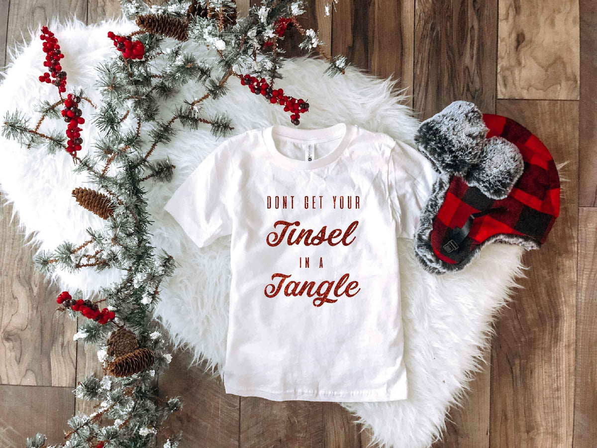 Tinsel in a tangle kids tee Kids short sleeve holiday tee Next level 3310 red 3t White 