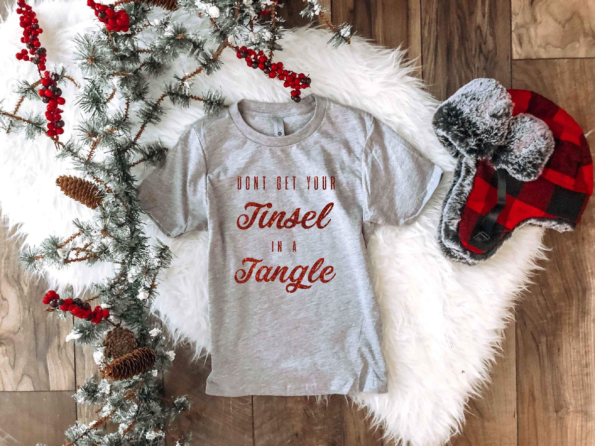 Tinsel in a tangle kids tee Kids short sleeve holiday tee Next level 3310 red 